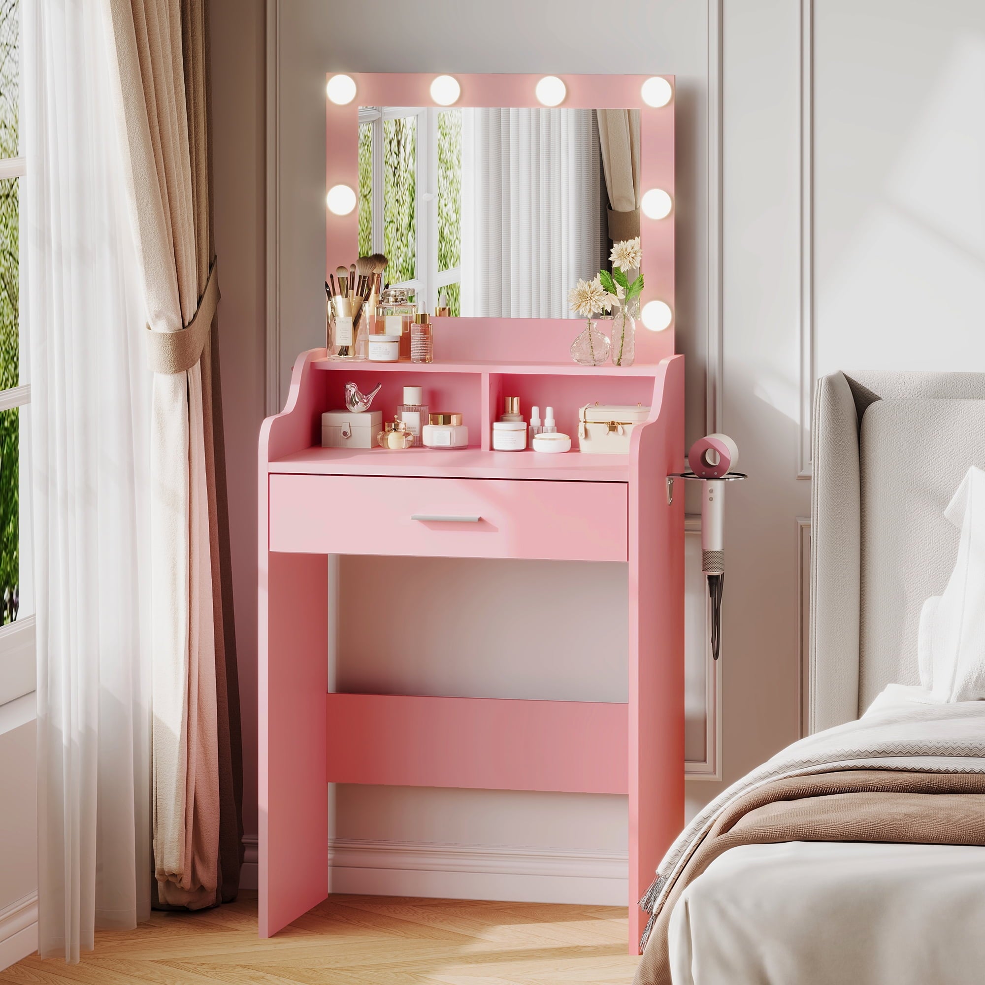 GALAXHERO Small Vanity Desk with Mirror, Makeup Tables with Drawer and Storage Shelves, Girls Dressing Table for Bedroom, White