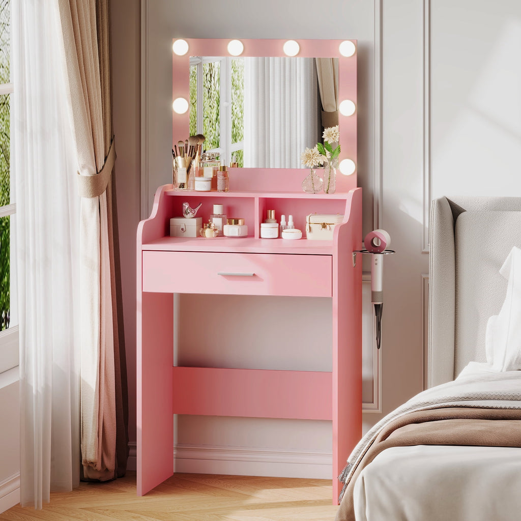 GALAXHERO Small Vanity Desk with Mirror, Makeup Tables with Drawer and Storage Shelves, Girls Dressing Table for Bedroom