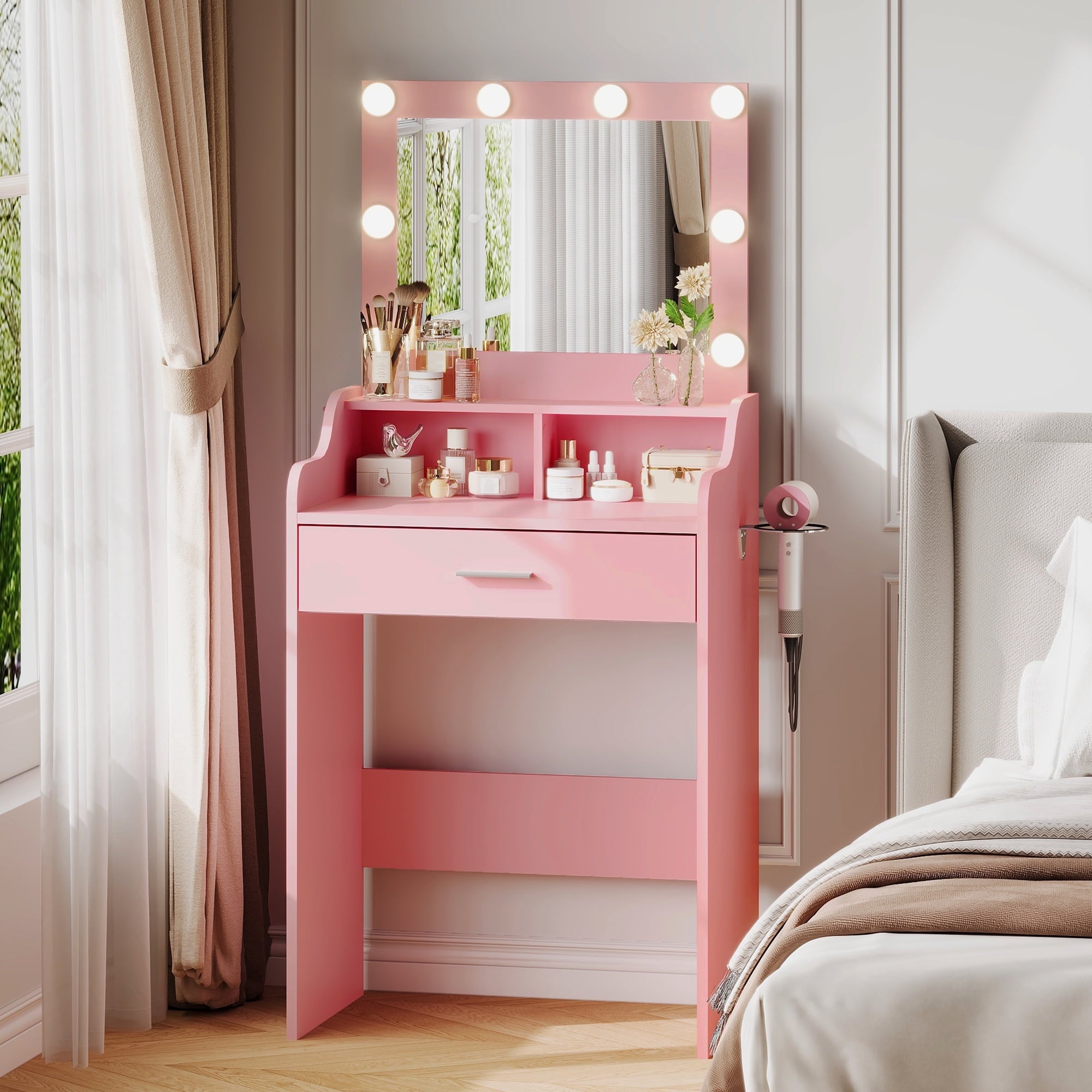 GALAXHERO Small Vanity Desk with Mirror, Makeup Tables with Drawer and Storage Shelves, Girls Dressing Table for Bedroom