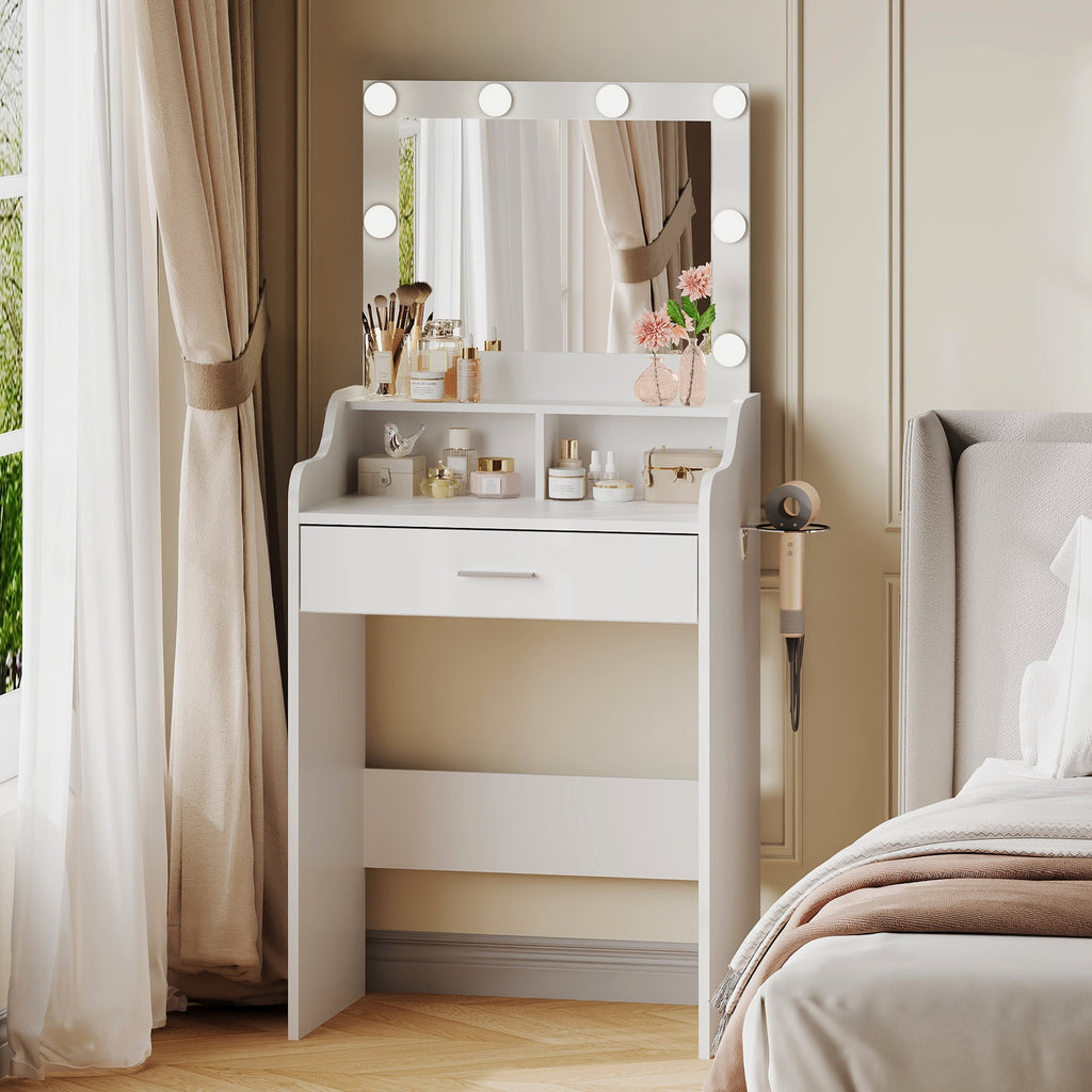 GALAXHERO Small Vanity Desk with Mirror, Makeup Tables with Drawer and Storage Shelves, Girls Dressing Table for Bedroom, White
