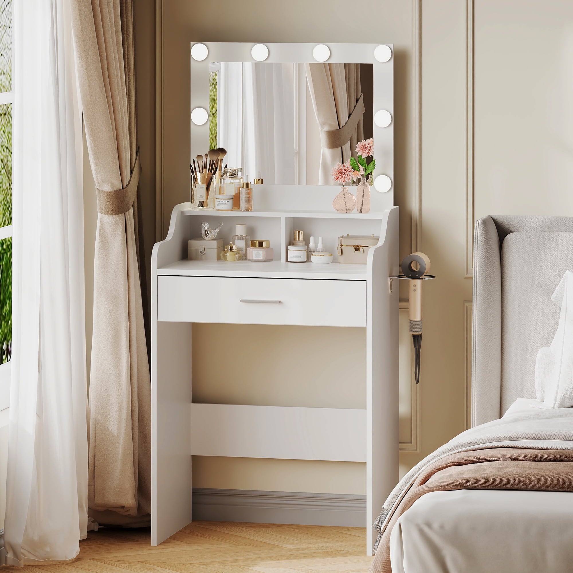 GALAXHERO Small Vanity Desk with Mirror, Makeup Tables with Drawer and Storage Shelves, Girls Dressing Table for Bedroom, White
