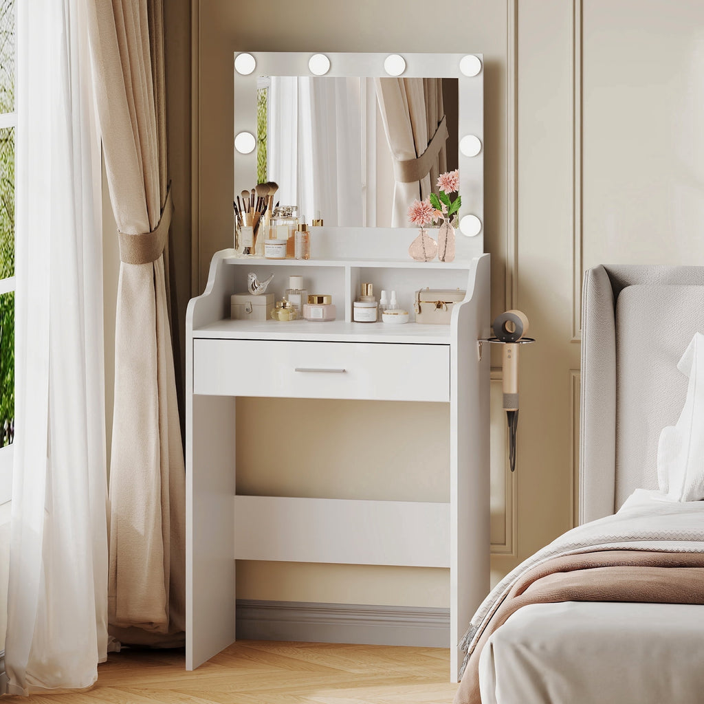 GALAXHERO Small Vanity Desk with Mirror, Makeup Tables with Drawer and Storage Shelves, Girls Dressing Table for Bedroom