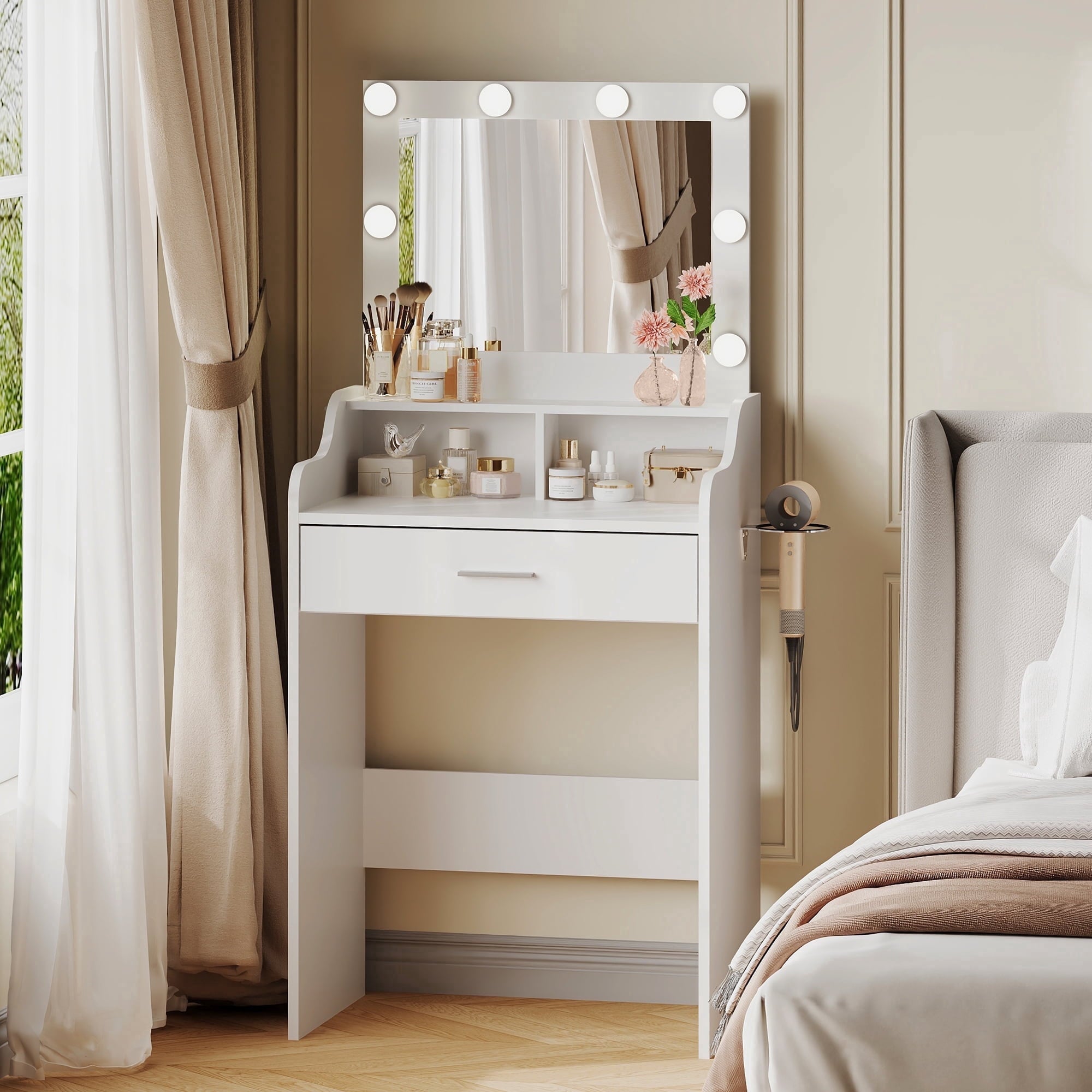 GALAXHERO Small Vanity Desk with Mirror, Makeup Tables with Drawer and Storage Shelves, Girls Dressing Table for Bedroom
