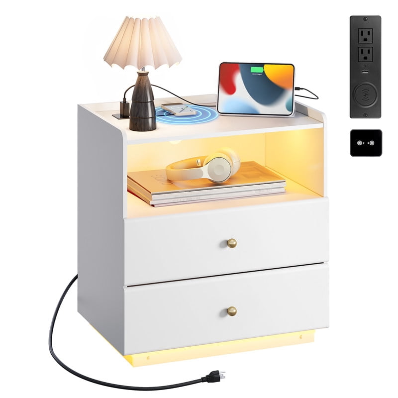 GALAXHERO Nightstand with Charging Station, Smart LED 2-Drawer Tall Bedside Table with Sensor & open shelf, End Table with Wireless Charging for Bedroom Living Room Dorm