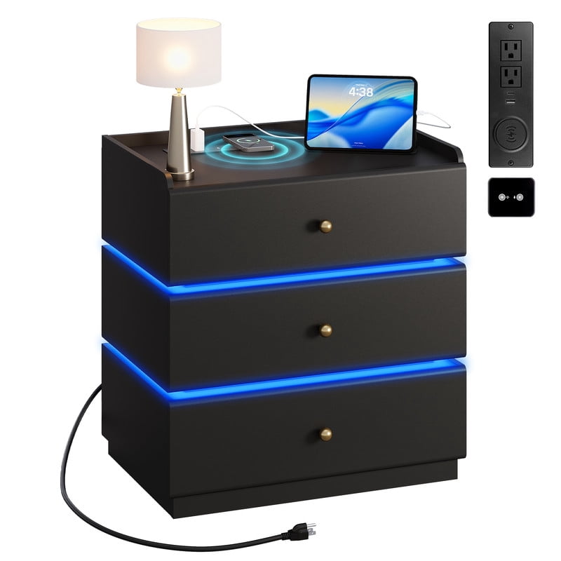 GALAXHERO Nightstand with Charging Station, Smart LED 3-Drawer Tall Bedside Table with Sensor, End Table with Wireless Charging for Bedroom Living Room Dorm