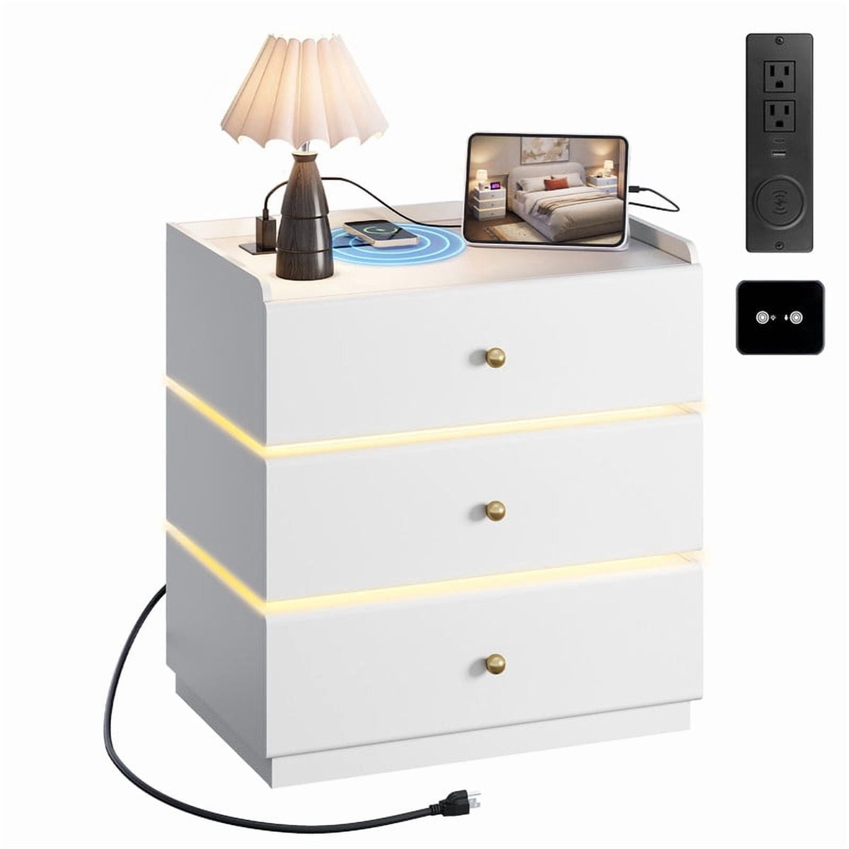 GALAXHERO Nightstand with Charging Station, Smart LED 3-Drawer Tall Bedside Table with Sensor, End Table with Wireless Charging for Bedroom Living Room Dorm