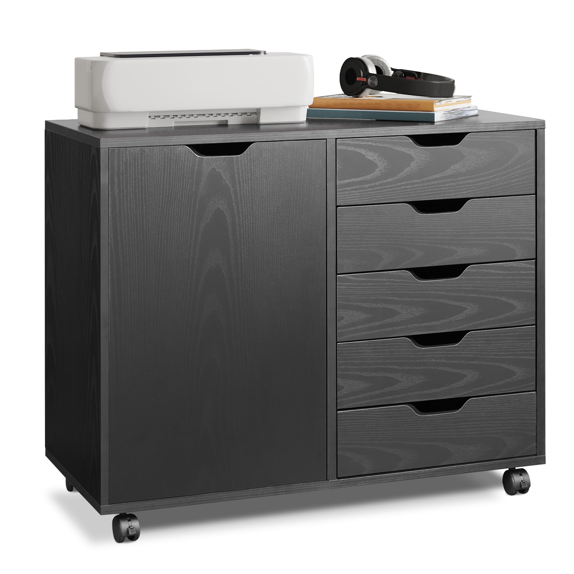 GALAXHERO 5 Drawer Wood File Cabinet, Mobile Printer Stand with Storage and Door for Home Office