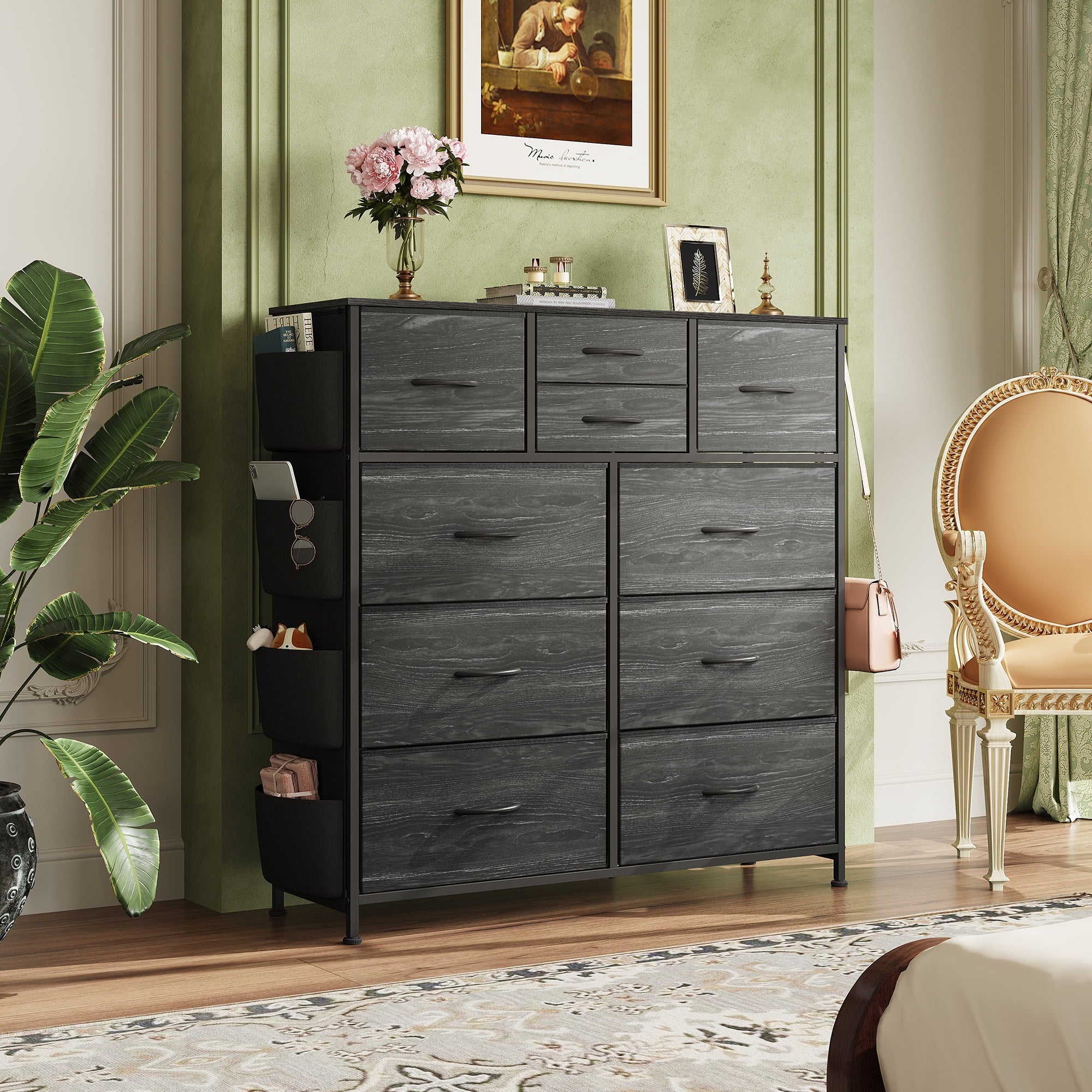 GALAXHERO 10-Drawer Fabric Dresser, Sturdy Metal Frame Organizer Unit with Side Pockets and Hooks for Bedroom, Living Room, Hallway