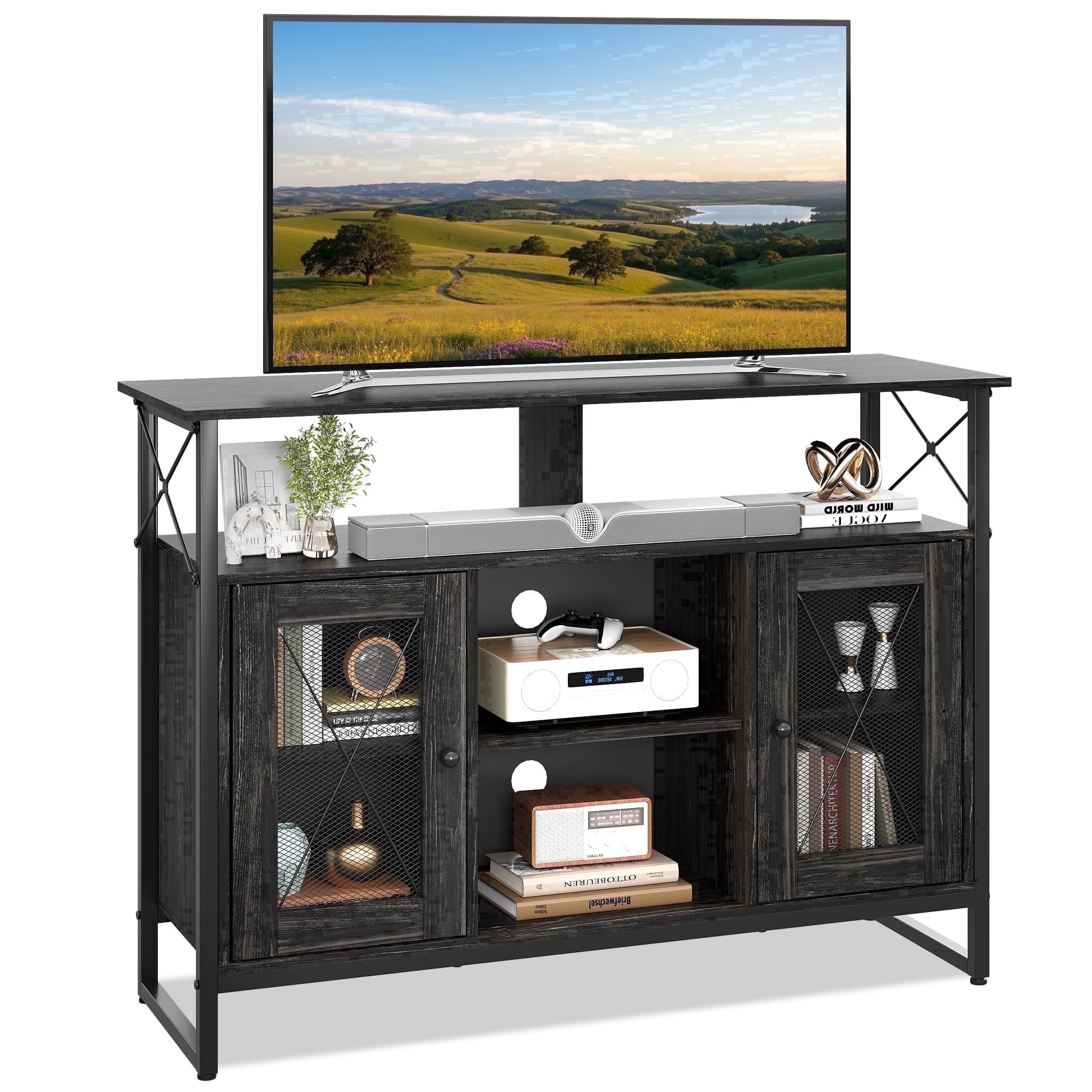 GALAXHERO TV Stand for 43 inch TV Small Entertainment Center with Storage Cabinet & Adjustable Shelves Farmhouse Industrial TV Table for Living Room and Bedroom, 32" TV Console
