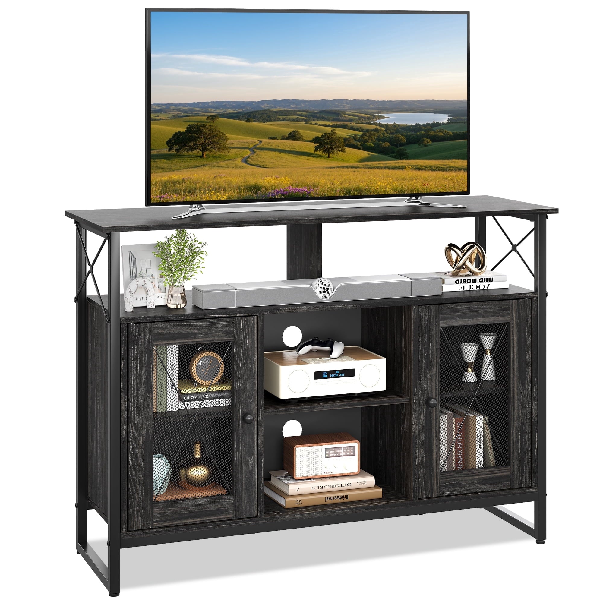 GALAXHERO TV Stand for 43 Inch TV Small Entertainment Center with Storage Cabinet & Adjustable Shelves Farmhouse Industrial TV Table for Living Room and Bedroom, 32" TV Console, Rustic Brown