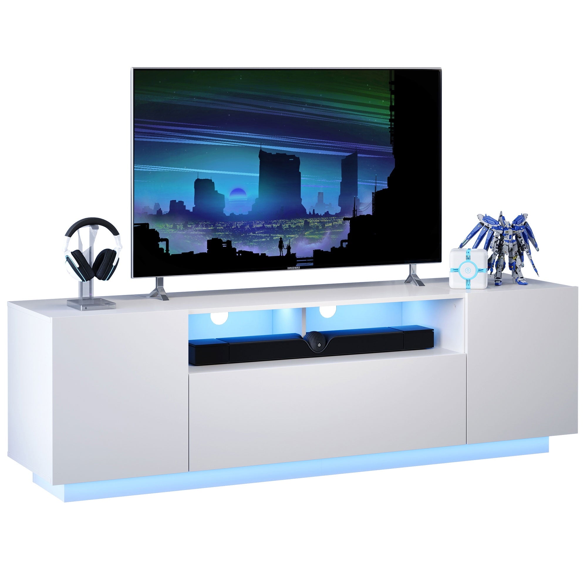 GALAXHERO TV Stand for 50-65 Inch TVs, 65" Entertainment Center with LED Lights, Modern TV Console with Storage Cabinet for Living Room & Bedroom, White