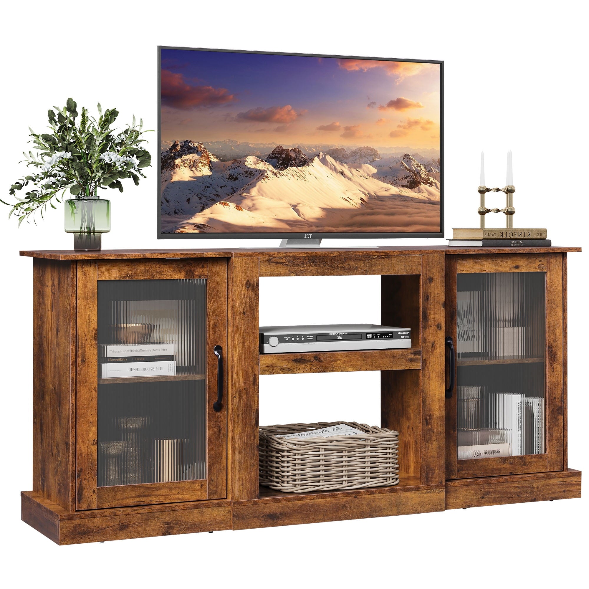 GALAXHERO TV Stand for 65-Inch TV, Retro TV Console Cabinet with Storage and Open Shelves, Entertainment Center for Living Room, Bedroom, Greige