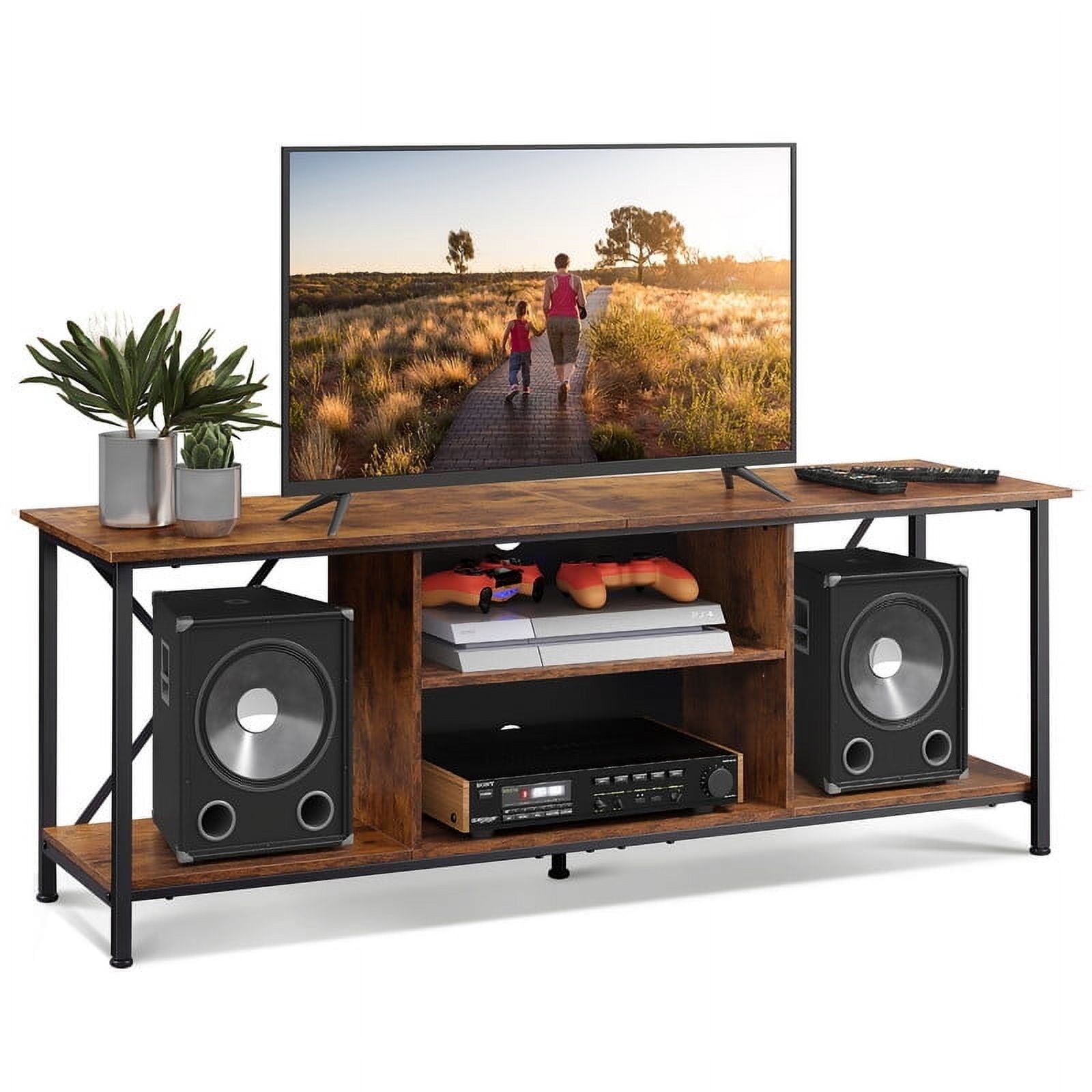 GALAXHERO TV Stand for 65 Inch TVs, 55" Rustic Industrial TV Console with Open Shelf, Entertainment Center for Living Room & Bedroom, Media Storage Cabinet, Rustic Brown