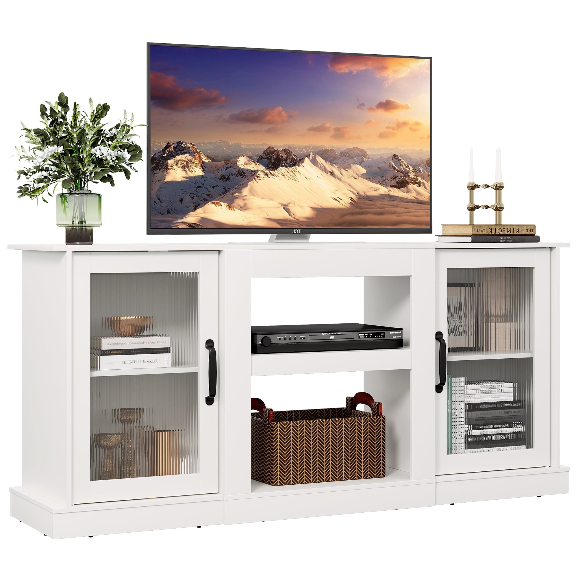 GALAXHERO TV Stand for 65-Inch TV, Retro TV Console Cabinet with Storage and Open Shelves, Entertainment Center for Living Room, Bedroom, Greige