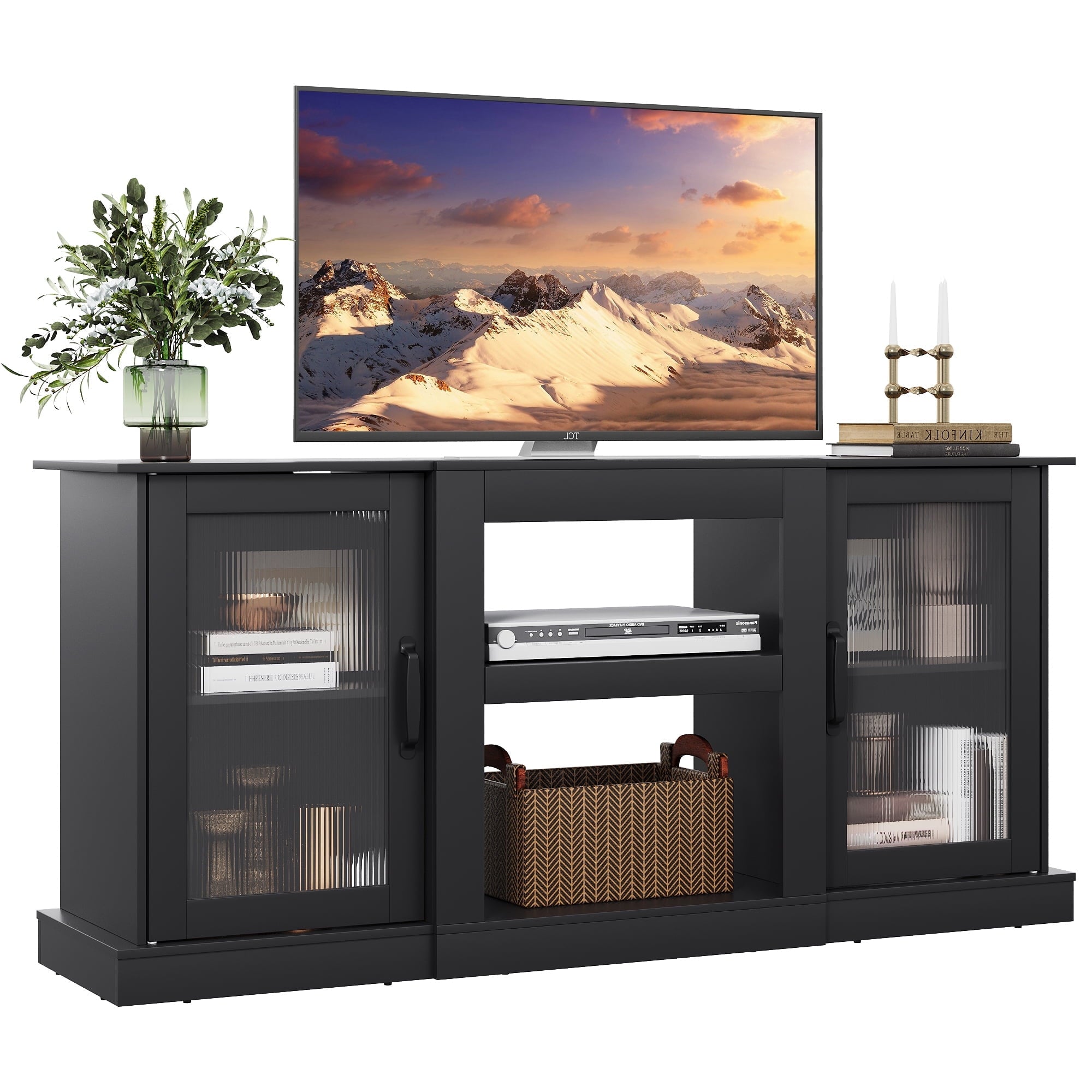 GALAXHERO TV Stand for 65-Inch TV, Retro TV Console Cabinet with Storage and Open Shelves, Entertainment Center for Living Room, Bedroom, Greige