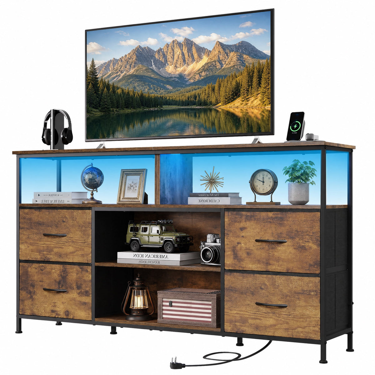 GALAXHERO TV Stand for 50/55/60 inch Television, Entertainment Center with LED Lights, 4 Fabric Drawers and Open Shelves, Media Console TV Stand for Bedroom and Living Room