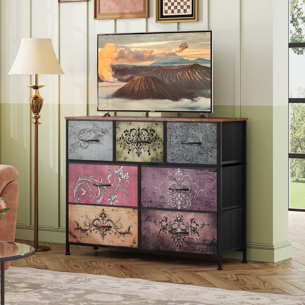 GALAXHERO 7 Drawer Dresser, TV Stands for 45" TV, Chest of Drawers with Fabric Bin for Bedroom, Living Room, Entryway