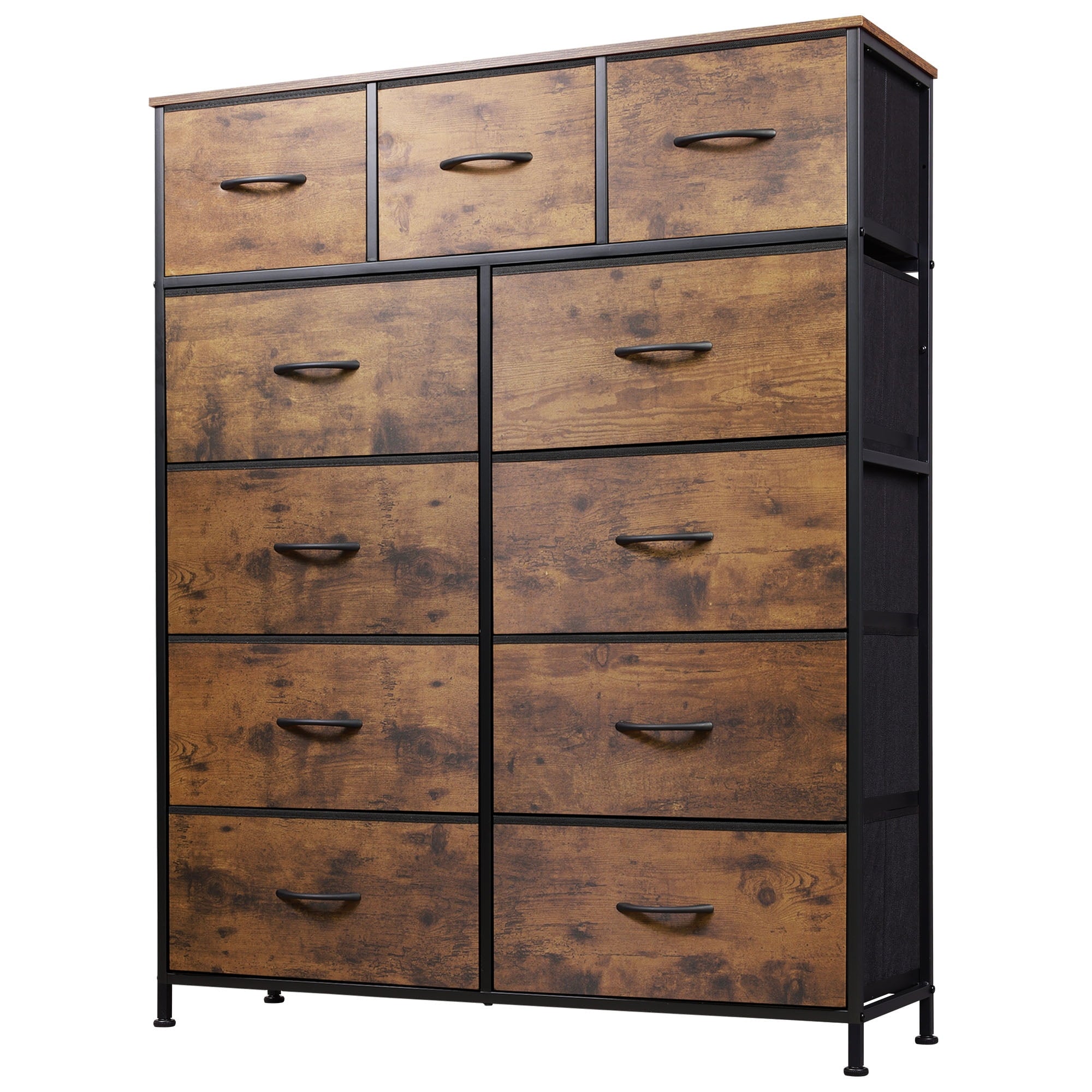 GALAXHERO Tall Dresser with 11 Fabric Drawers, Storage Chest for Bedroom, Closet, Hallway, Steel Frame, Wood Top，Rustic Brown Wood Grain Print