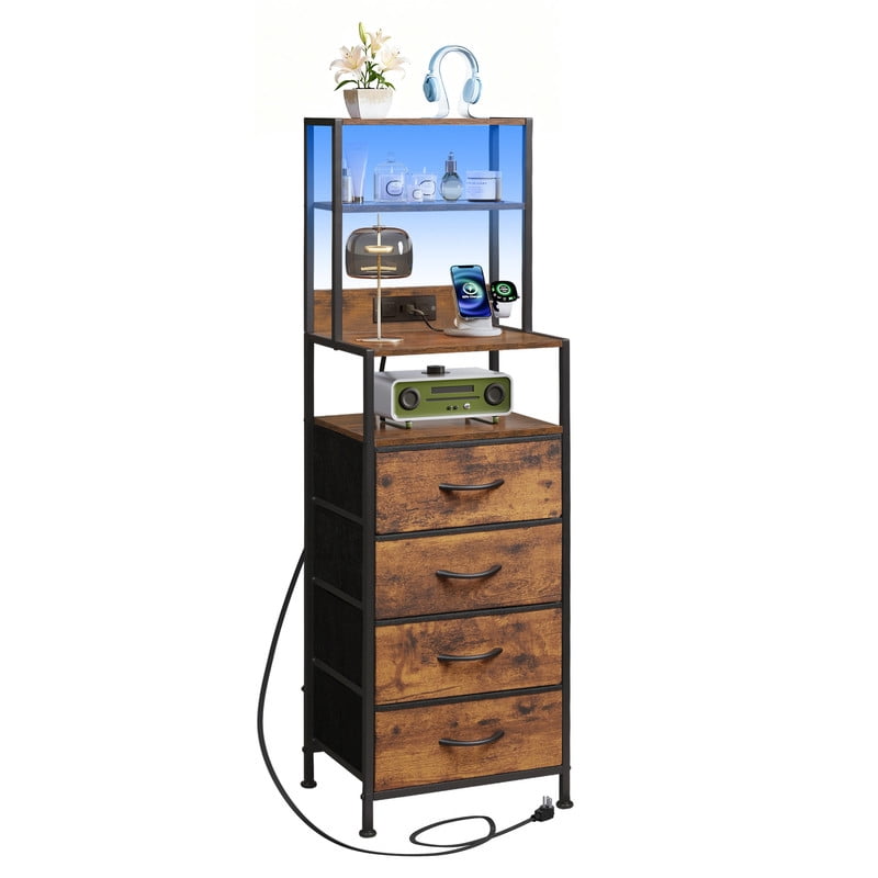GALAXHERO Dresser for Bedroom, 4 Drawer Nightstand with Charging Station,Tall Bedside Table with LED & Open Shelf,End Table with Storage,
