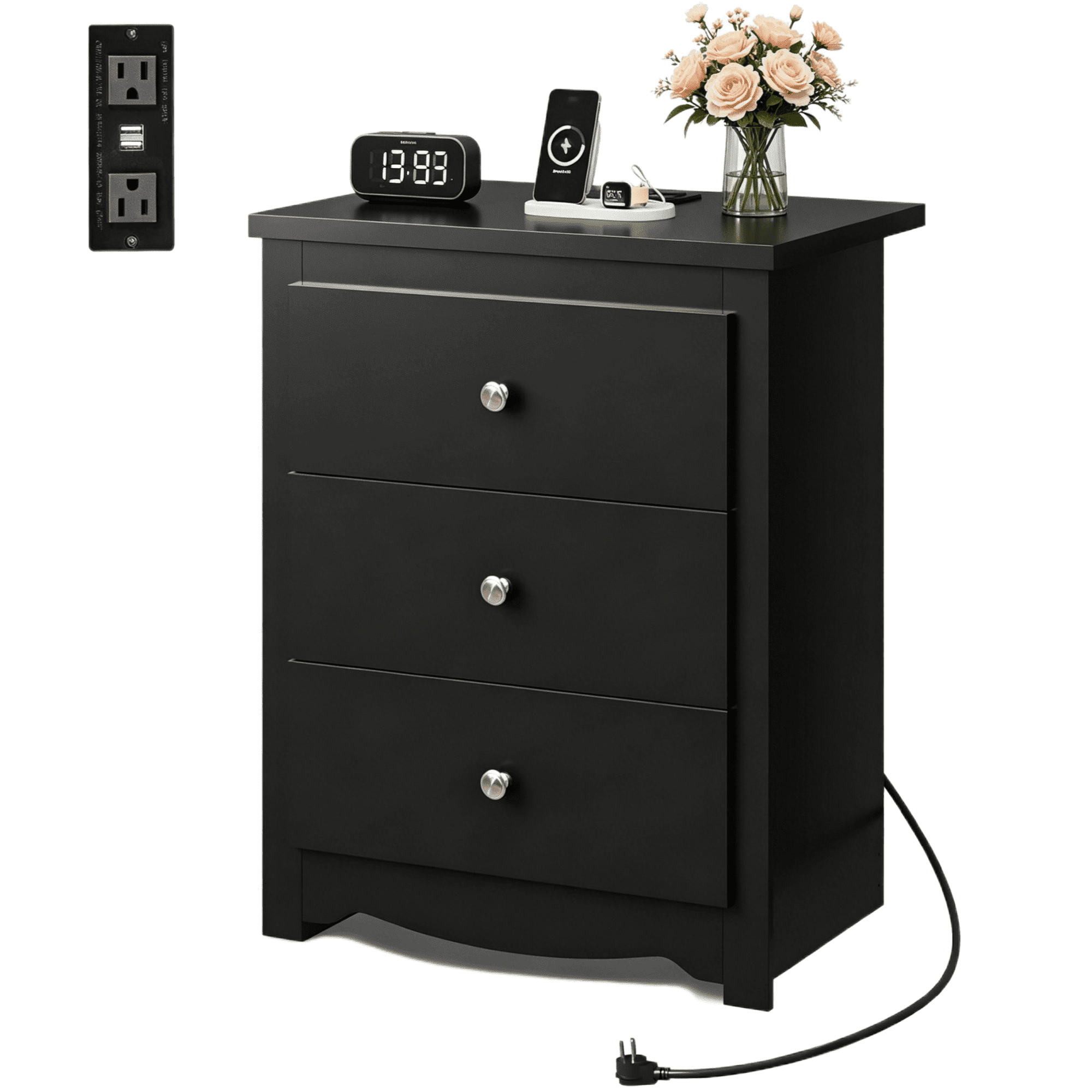 GALAXHERO Tall  Nightstand with Charging Station and 3 Drawers, Wood Bedside End Table with 2 USB Ports & 2 AC Outlets for Bedroom Living Room Dorm
