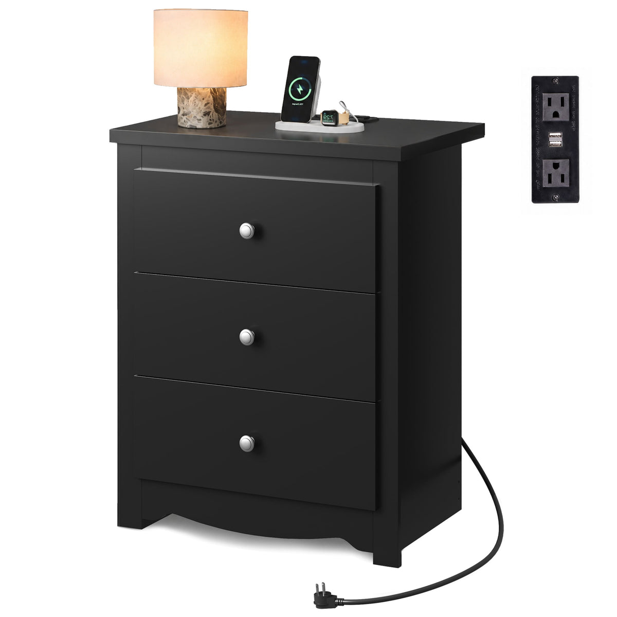 GALAXHERO Nightstand with Charging Station, 3-Drawer Tall Wood Bedside Table & End Table for Bedroom Living Room Dorm