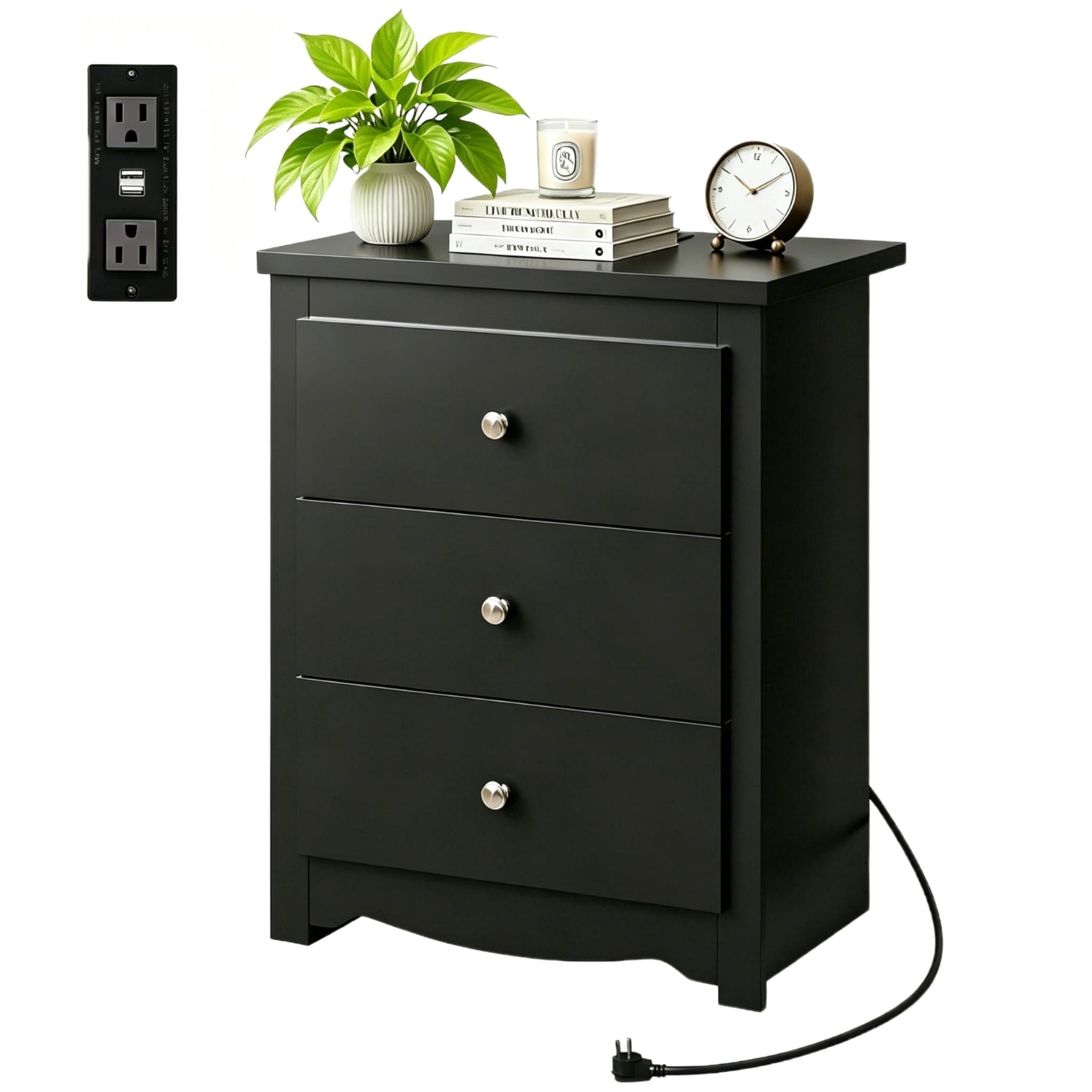 GALAXHERO Tall Nightstand with Charging Station, Nightstand with 3 Drawers, Wood Bedside Table for Bedroom, End Side Table for Living room and Dorm