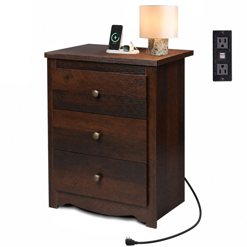 GALAXHERO Nightstand with Charging Station, 3-Drawer Tall Wood Bedside Table & End Table for Bedroom Living Room Dorm