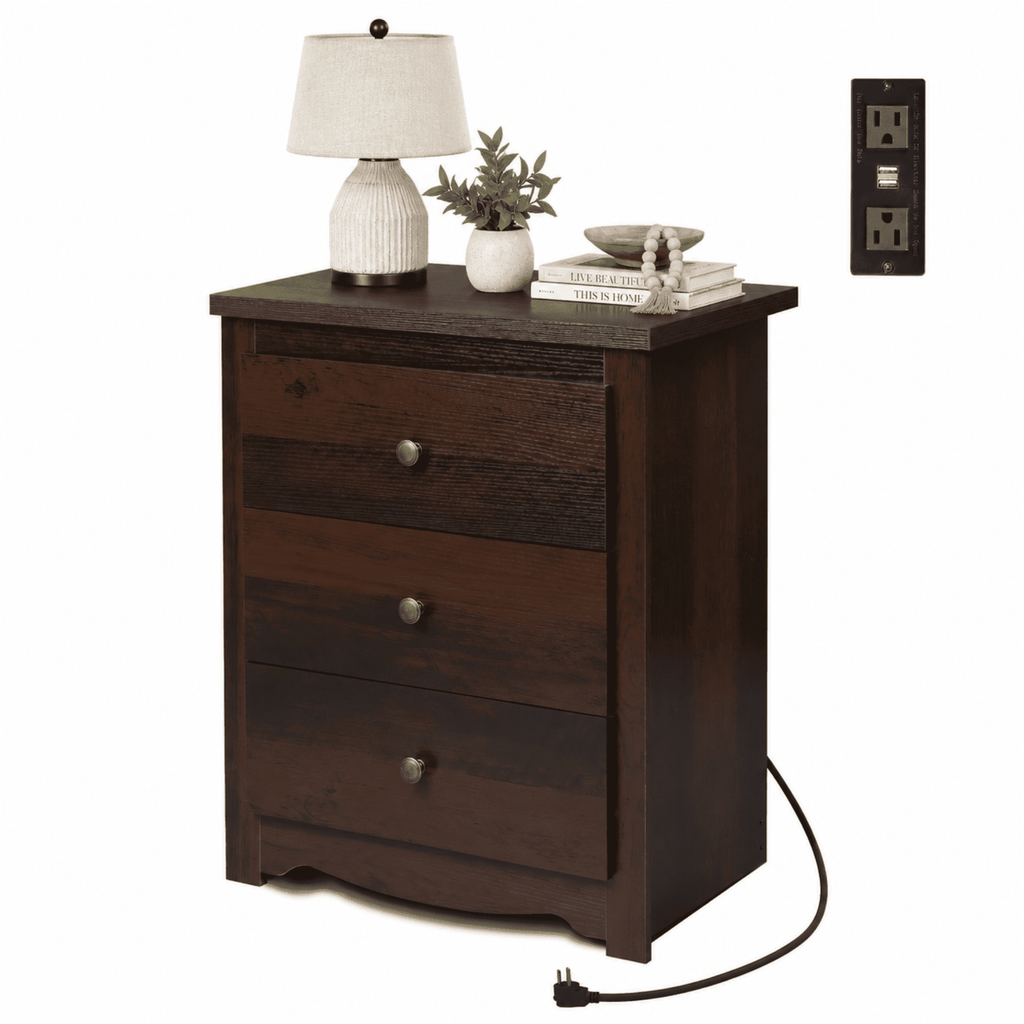 GALAXHERO Tall Nightstand with Charging Station, Nightstand with 3 Drawers, Wood Bedside Table for Bedroom, End Side Table for Living room and Dorm