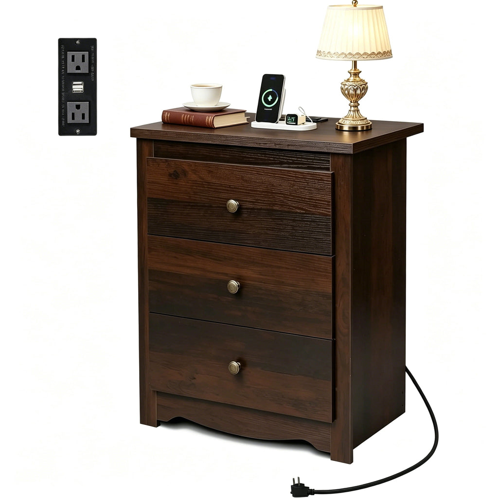 GALAXHERO Tall  Nightstand with Charging Station and 3 Drawers, Wood Bedside End Table with 2 USB Ports & 2 AC Outlets for Bedroom Living Room Dorm