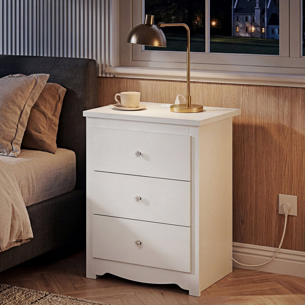 GALAXHERO Tall  Nightstand with Charging Station and 3 Drawers, Wood Bedside End Table with 2 USB Ports & 2 AC Outlets for Bedroom Living Room Dorm