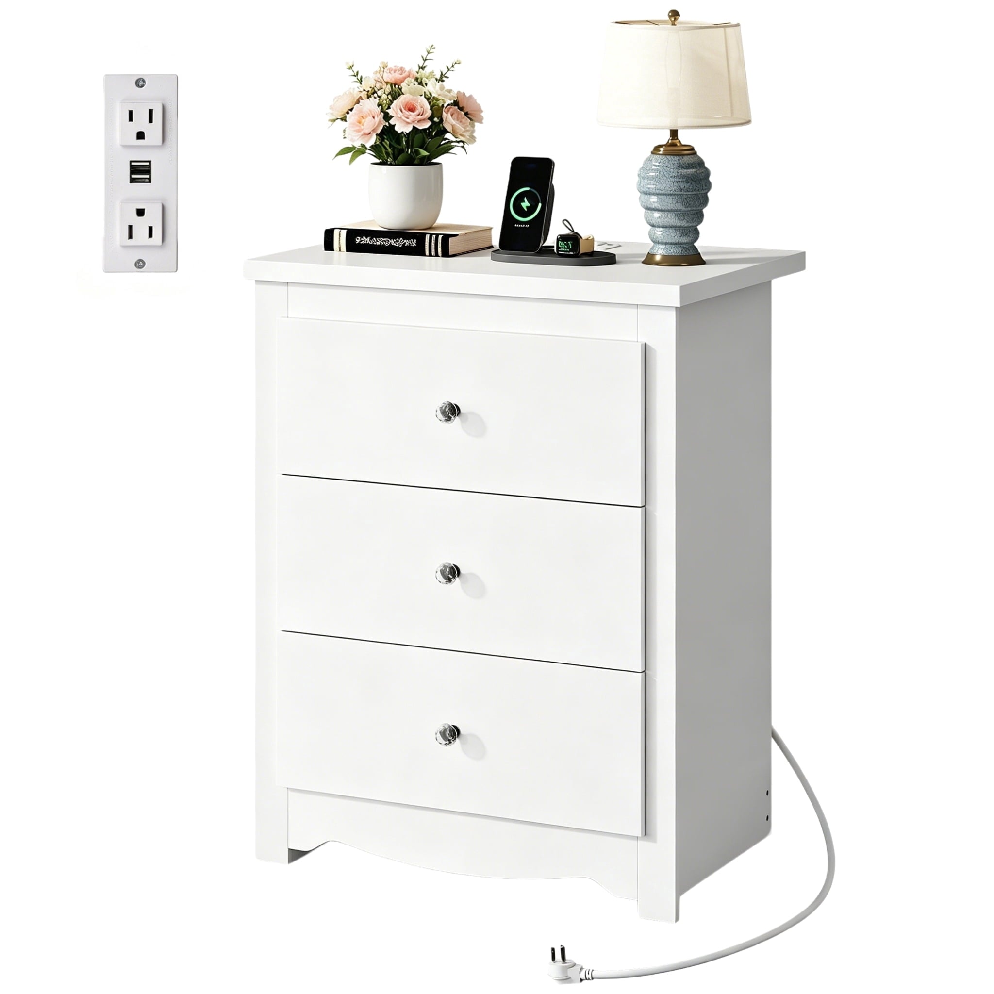 GALAXHERO Tall Nightstand with Charging Station, Nightstand with 3 Drawers, Wood Bedside Table for Bedroom, End Side Table for Living room and Dorm