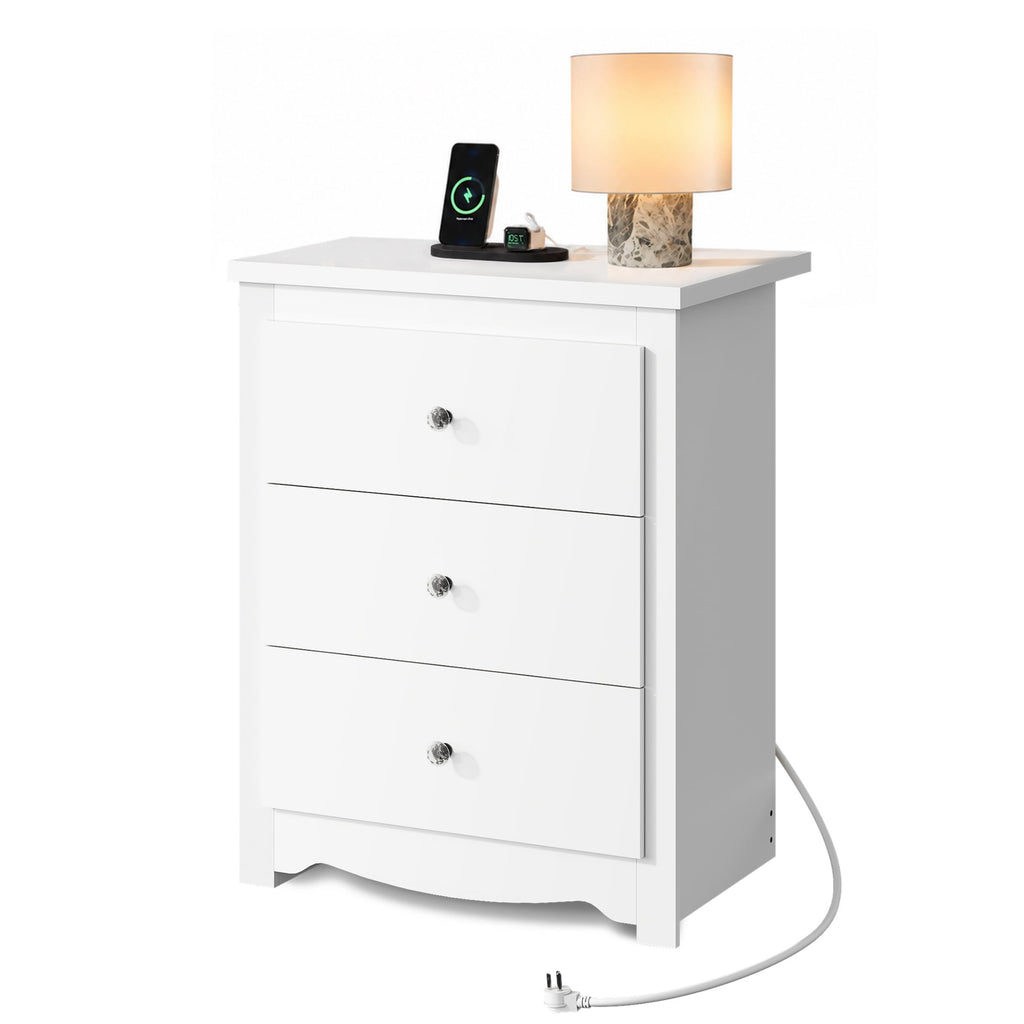 GALAXHERO Nightstand with Charging Station, 3-Drawer Tall Wood Bedside Table & End Table for Bedroom Living Room Dorm