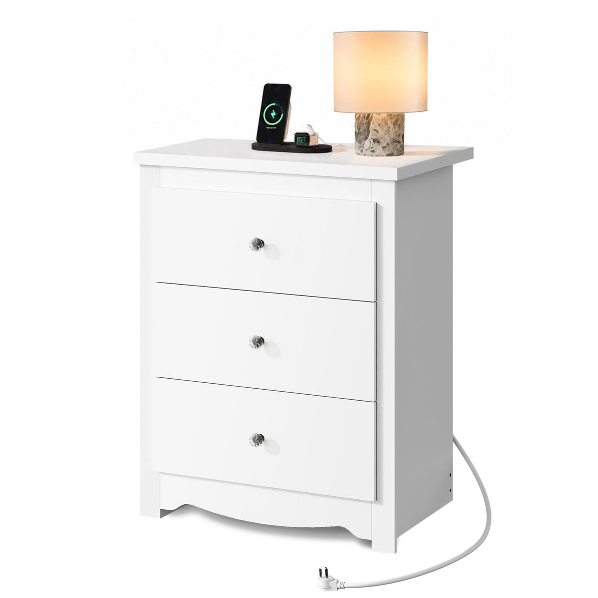 GALAXHERO Nightstand with Charging Station, 3-Drawer Tall Wood Bedside Table & End Table for Bedroom Living Room Dorm