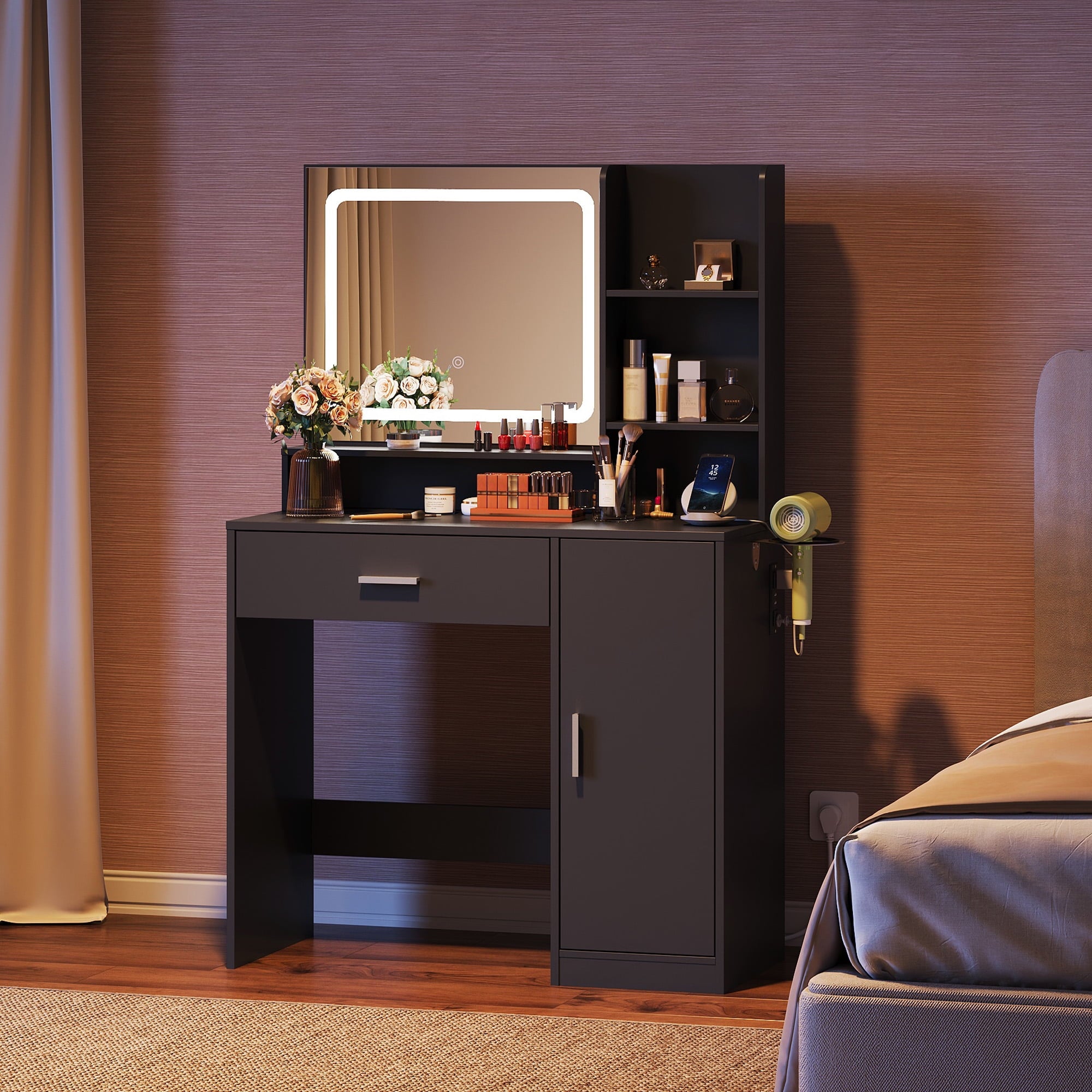GALAXHERO Vanity Desk with Mirror and Lights, Makeup Tables with Drawer, Cabinet and Storage Shelves,Girls Dressing Table with Charging Station