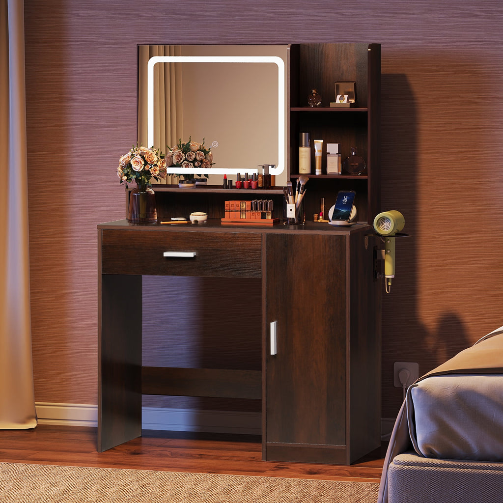 GALAXHERO Vanity Desk with Mirror and Lights, Makeup Tables with Drawer, Cabinet and Storage Shelves,Girls Dressing Table with Charging Station