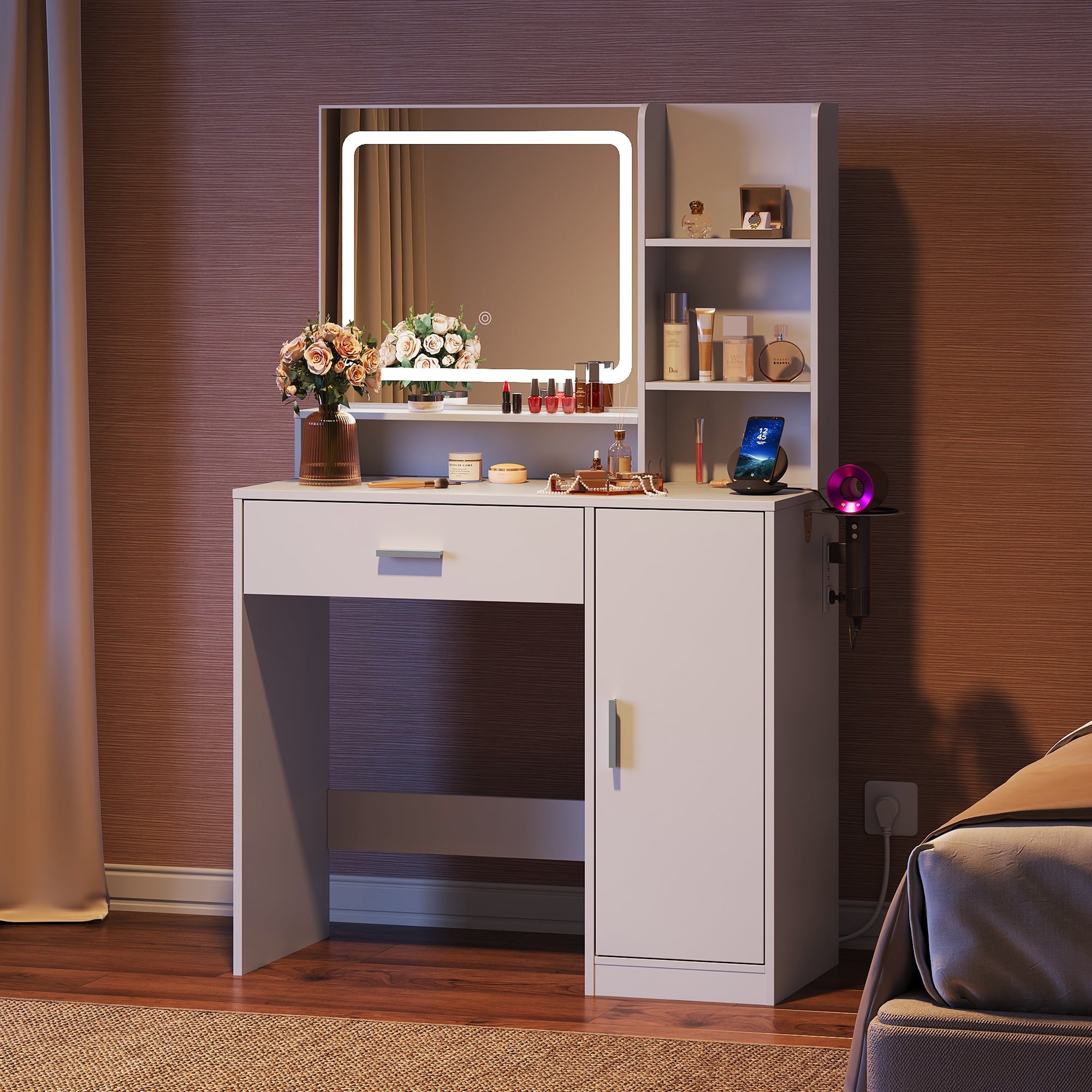 GALAXHERO Vanity Desk with Mirror and Lights, Makeup Tables with Drawer, Cabinet and Storage Shelves,Girls Dressing Table with Charging Station
