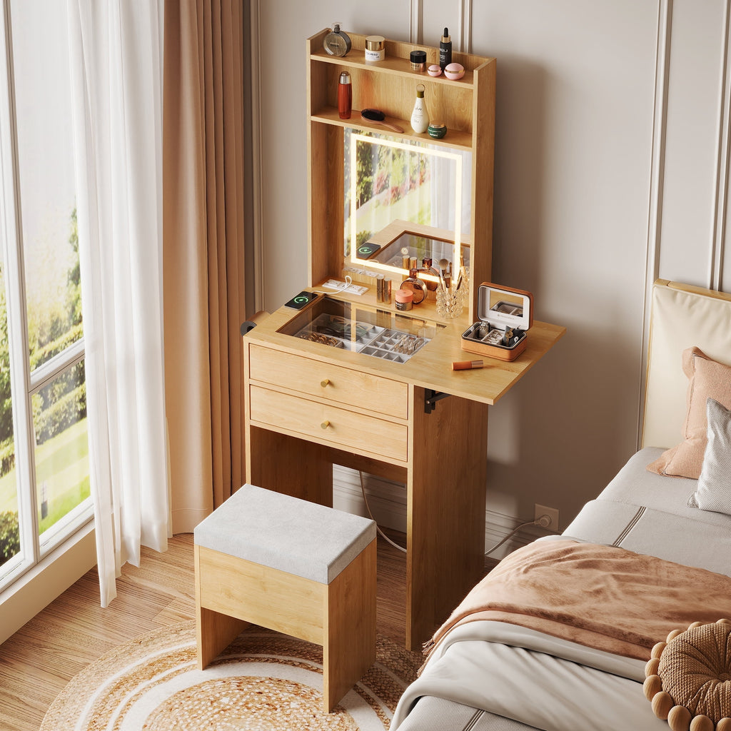 GALAXHERO Vanity Desk with Lighted Mirror and Glass Top, Makeup Vanity Chair with Storage, Fold-up Panel, 2 Drawers Dressing Table for Bedroom