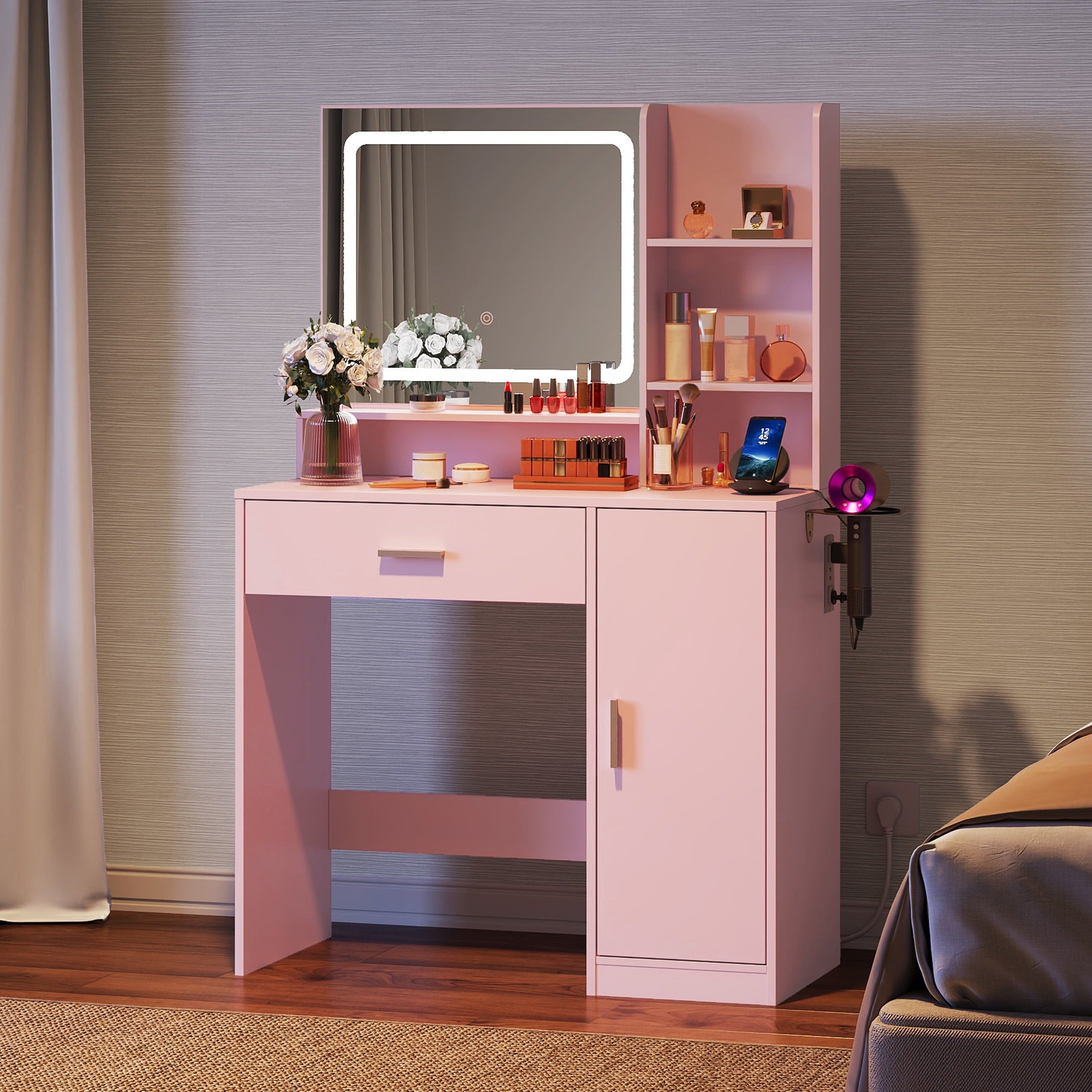 GALAXHERO Vanity Desk with Mirror and Lights, Makeup Tables with Drawer, Cabinet and Storage Shelves,Girls Dressing Table with Charging Station