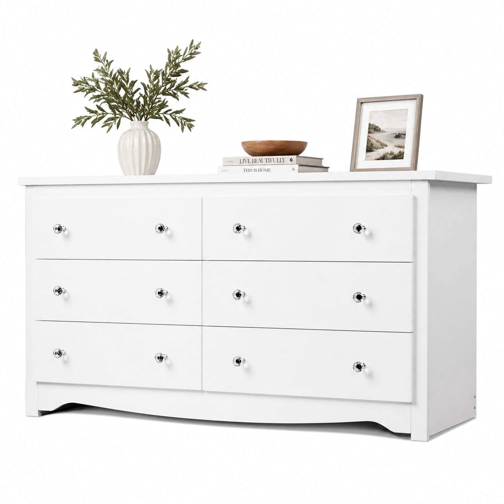 GALAXHERO Modern Wood Dresser with 6 Drawers – Wide Storage Chest for Bedroom, Living Room, Closet, Hallway – Large Organizer Nightstand Unit, 59”W, White