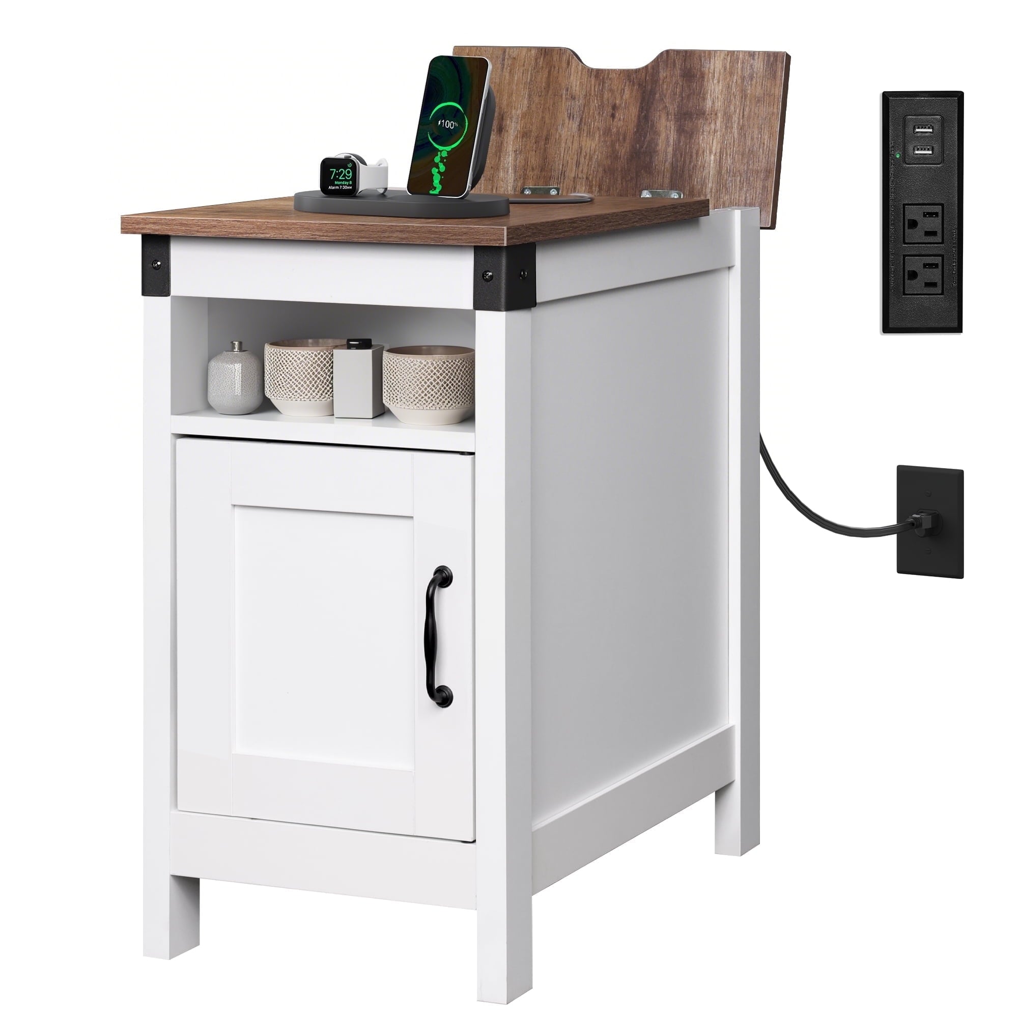 GALAXHERO Side Table with Charging Station Narrow End Table with Storage Night Stand with USB Ports and Outlets Small Wooden Cabinet for Living Room and Bedroom