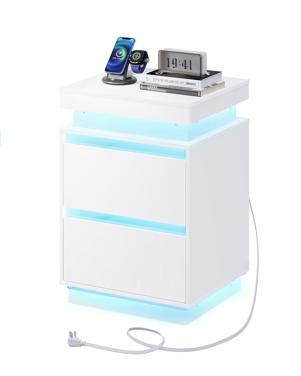 GALAXHERO Nightstand with Charging Station and LED Lights, Modern 2 Drawers Bedside Table with Sliding Top, End Side Table for Bedroom, Living Room
