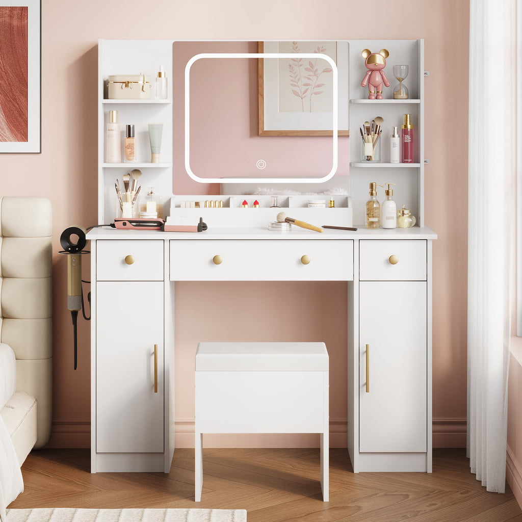 GALAXHERO Black Vanity Desk with Lighted Mirror and Chair, RGB Lights, Charging Station, Makeup Table with 3 Drawers and 2 Cabinets, Vanity Stools with Storage for Bedroom