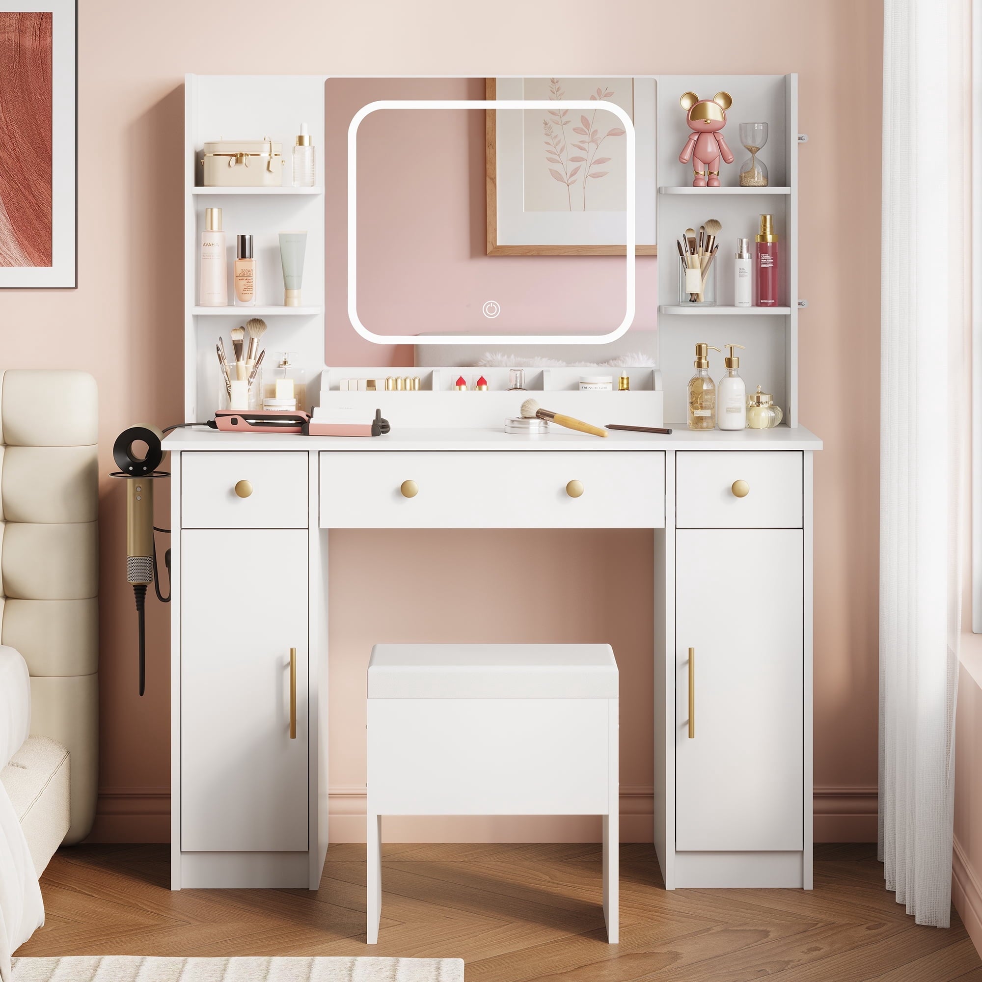 GALAXHERO White Vanity Desk with Lighted Mirror and Chair, RGB Lights, Charging Station, Makeup Table with 3 Drawers and 2 Cabinets, Vanity Stools with Storage for Bedroom