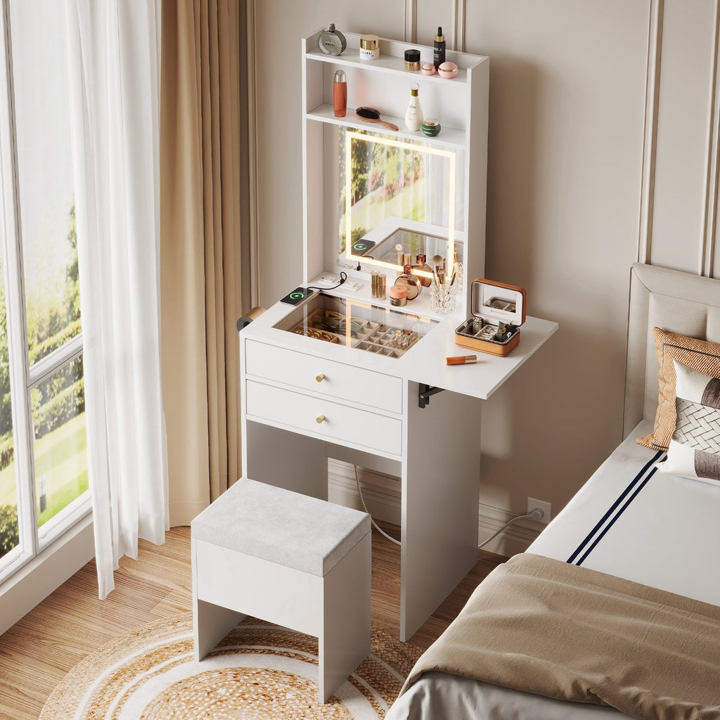 GALAXHERO Vanity Desk with Lighted Mirror and Glass Top, Makeup Vanity Chair with Storage, Fold-up Panel, 2 Drawers Dressing Table for Bedroom