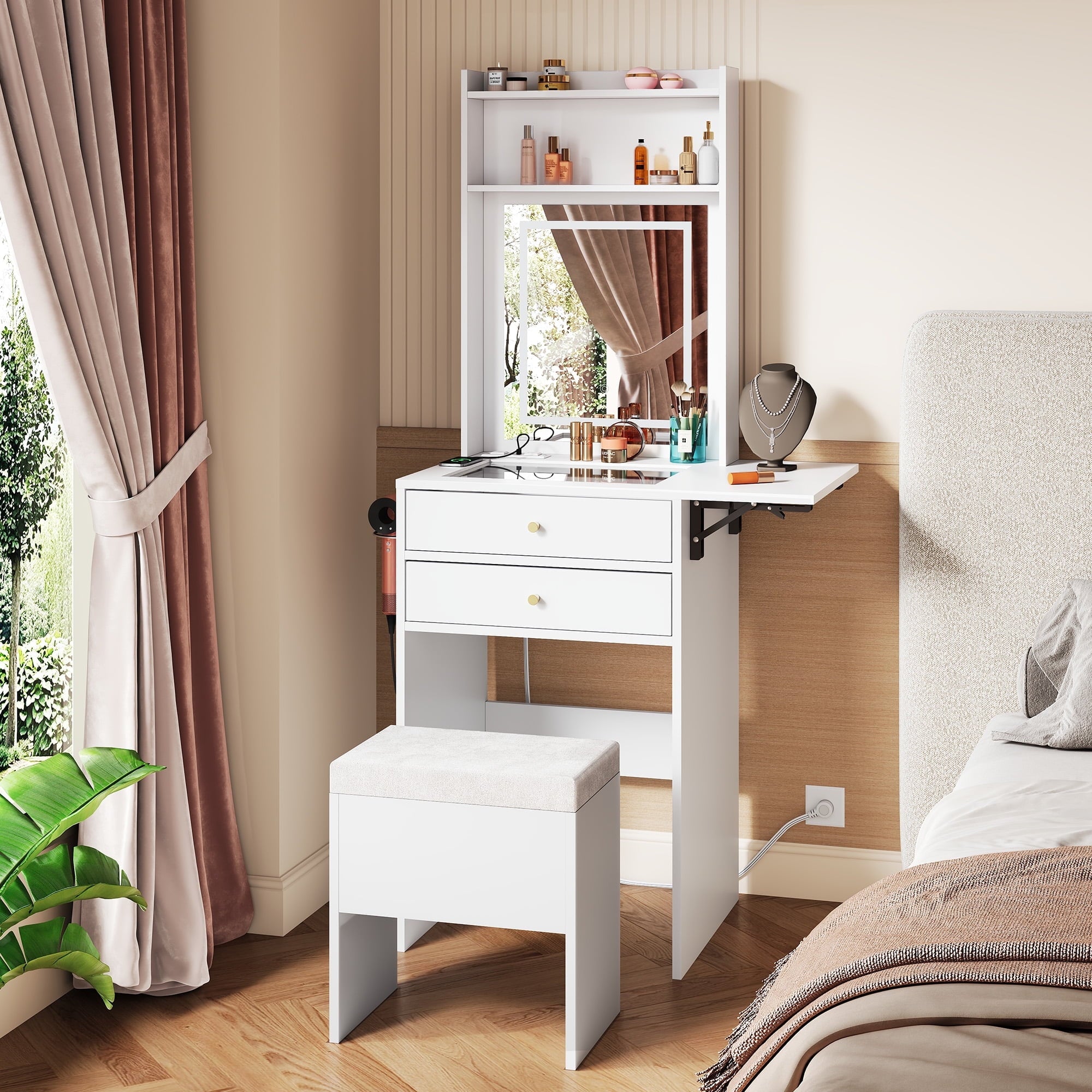 GALAXHERO Vanity Desk with Lighted Mirror and Glass Top, Makeup Vanity Chair with Storage, Fold-up Panel, 2 Drawers Dressing Table for Bedroom, White