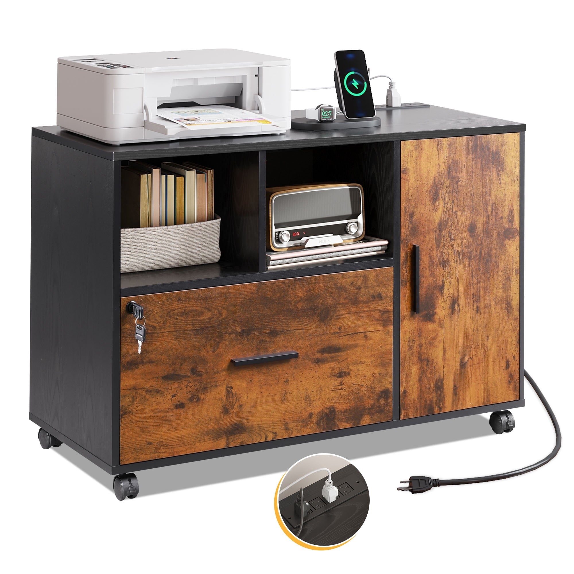 GALAXHERO Wood File Cabinet with Lock and Charge Station, Mobile Printer Stand with Storage Shelves for Home Office, White
