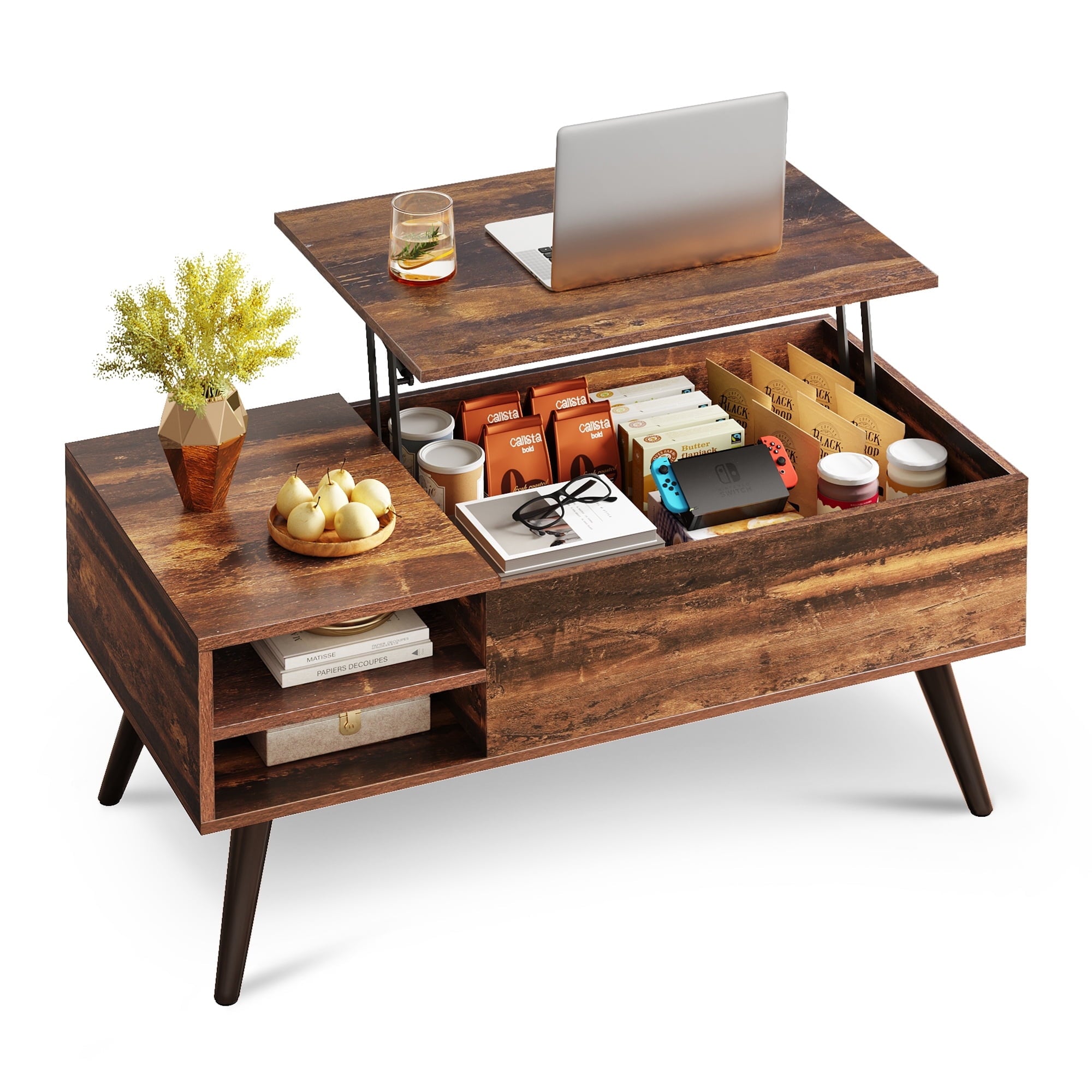 GALAXHERO Wood Lift Top Coffee Table with Hidden Compartment and Adjustable Storage Shelf, Lift Tabletop Dining Table for Home Living Room, Office, Rustic Oak