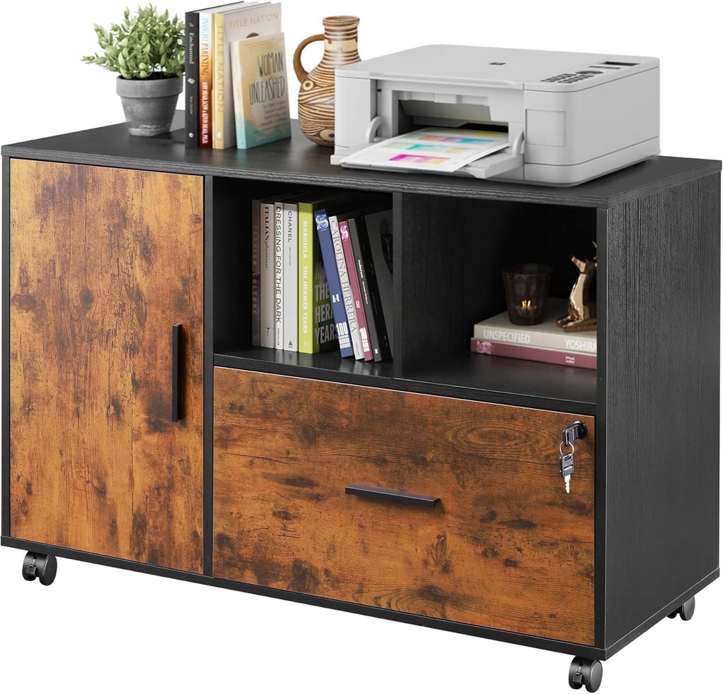 GALAXHERO Lateral File Cabinet with Lock, Rolling Wood Cabinet for Home Office, Printer Stand with Shelf, Fit Legal/A4 Size