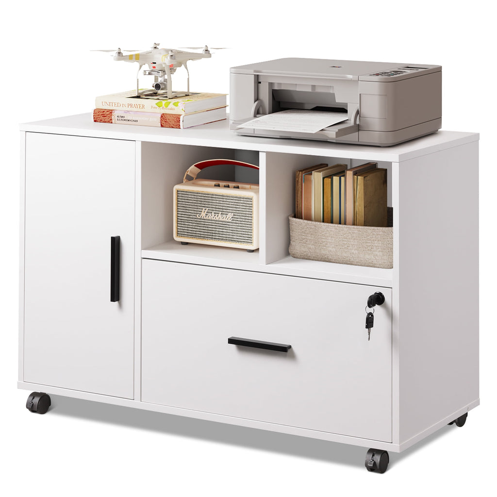 GALAXHERO Office File Cabinet with Lock, 1-Drawer Wood Lateral Filing Cabinet on Wheels, Printer Stand with Open Storage Shelves for Home Office, Black