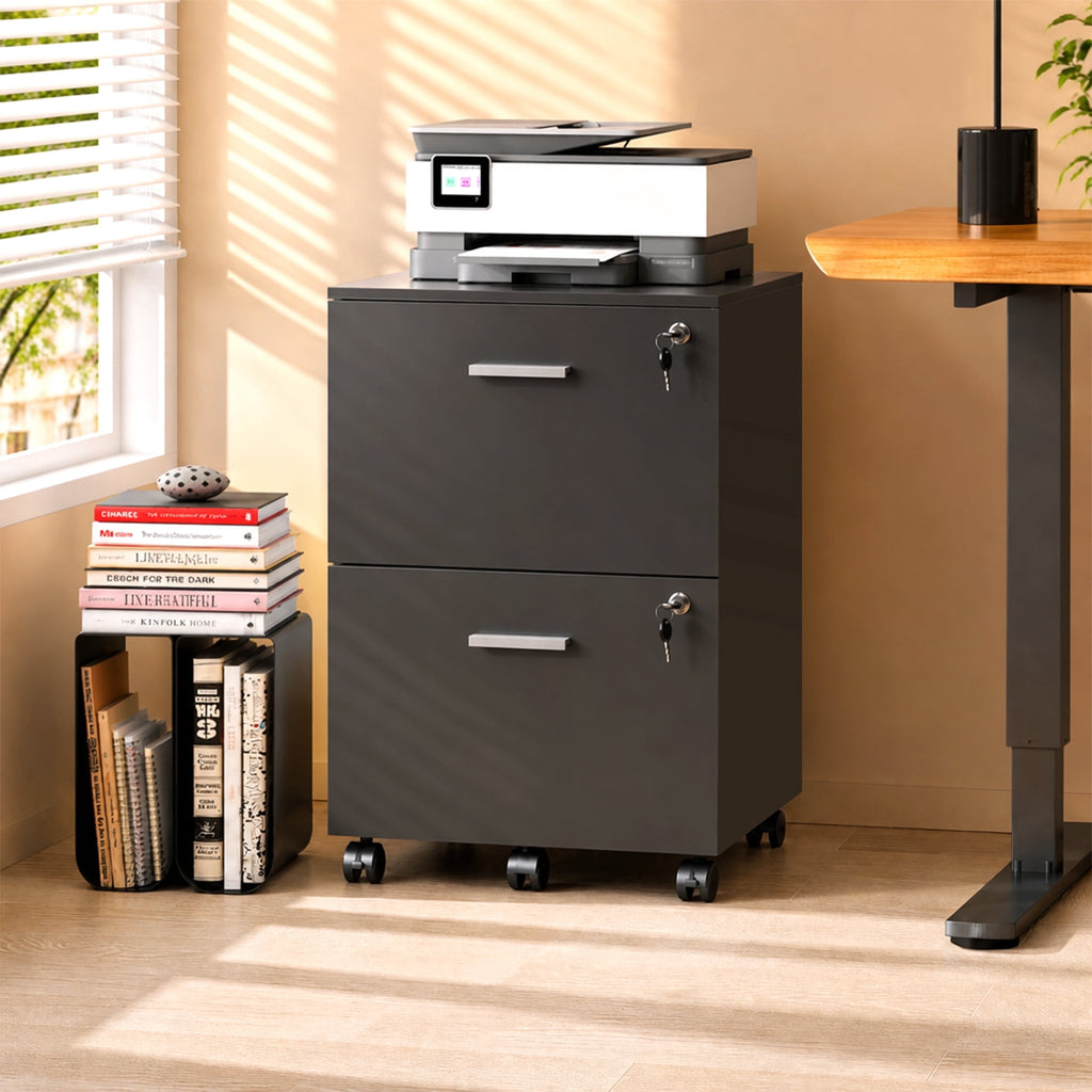 GALAXHERO 2 Drawer Filing Cabinet with Lock, Wooden Printer Stand with Storage for Home Office, Mobile Locking File Cabinet Fits Letter/A4 Hanging Files